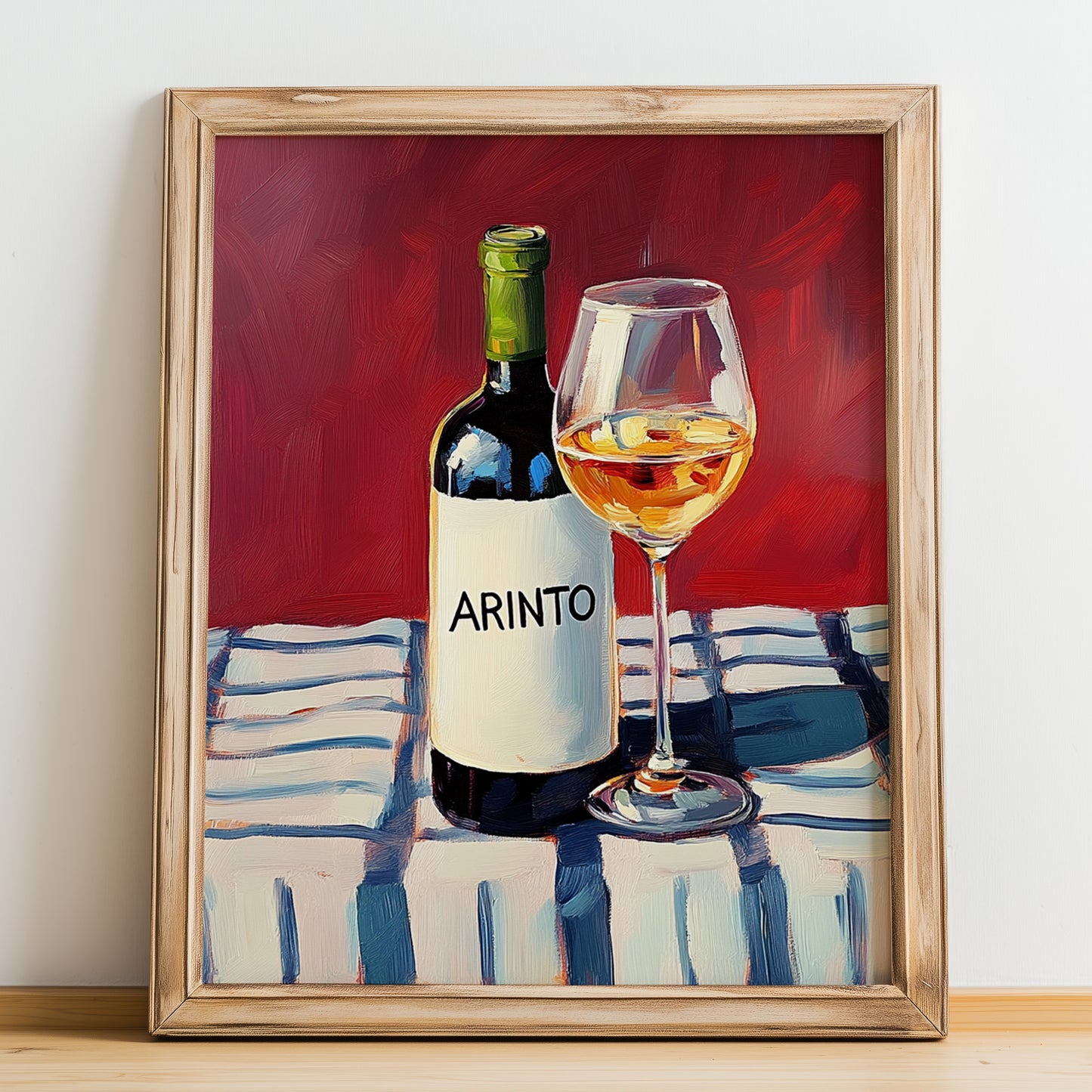 Arinto – on Striped Tablecloth, Portuguese Wine Poster, no-text version framed in wood