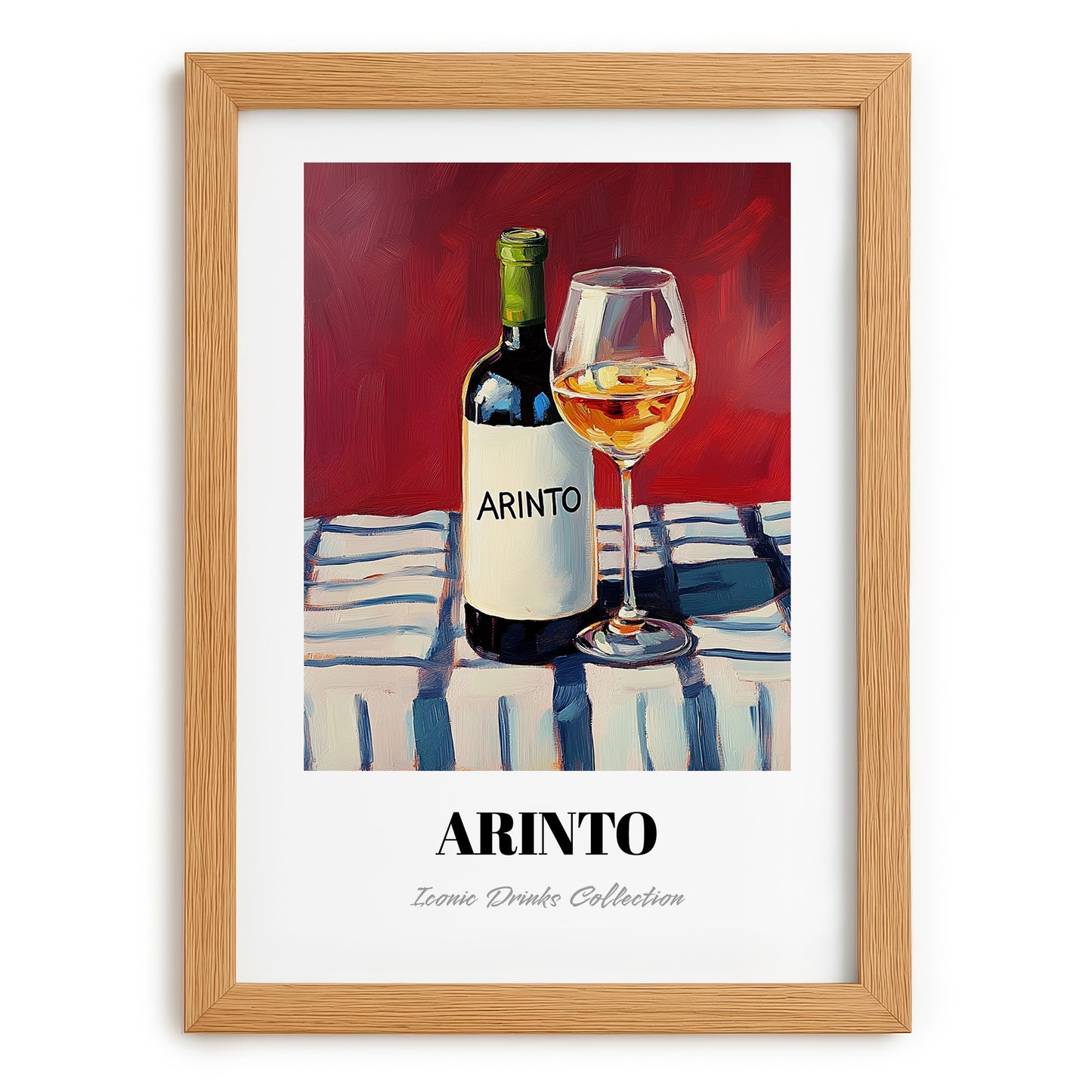 Arinto – on Striped Tablecloth, Portuguese Wine Poster, set in oak frame