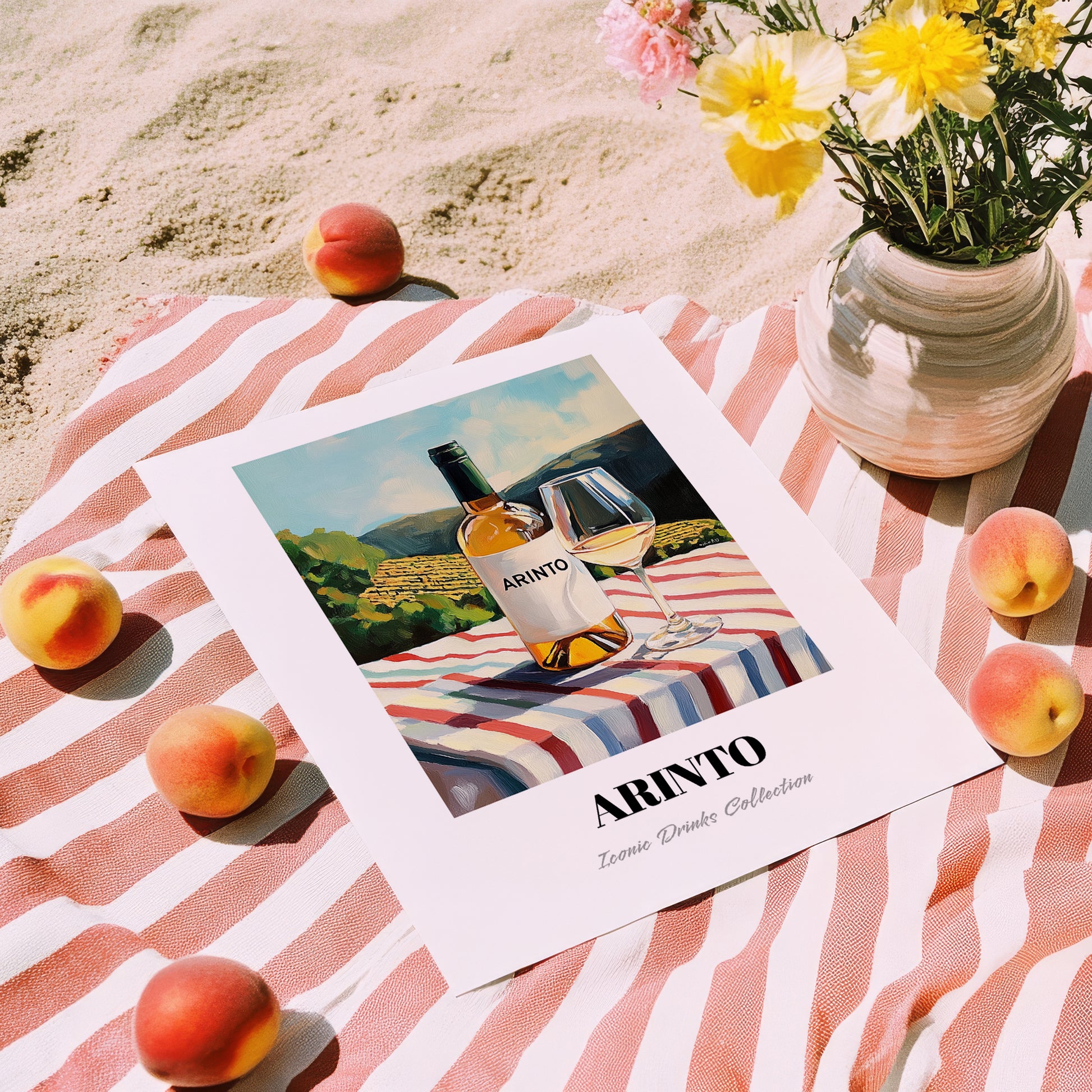 Arinto – Portuguese Hilltop Table Scene, Portuguese Wine Wall Decor, unframed on coastal sand