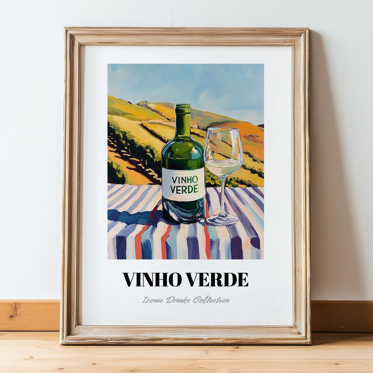 Vinho Verde – Portuguese Hillside Café View, Portuguese Wine Wall Decor, in wooden frame leaning on the floor