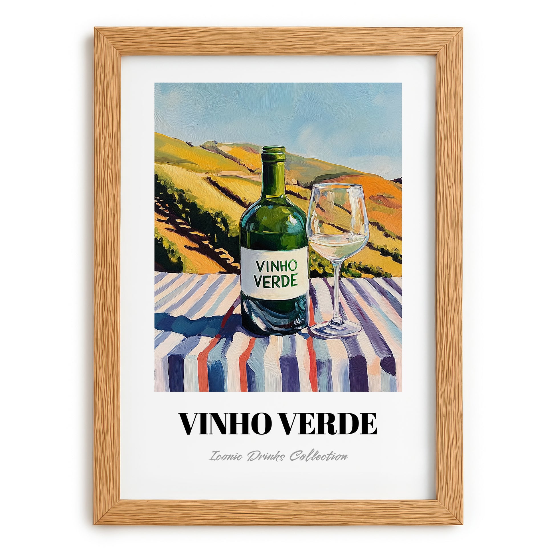 Vinho Verde – Portuguese Hillside Café View, Portuguese Wine Wall Decor, set in oak frame