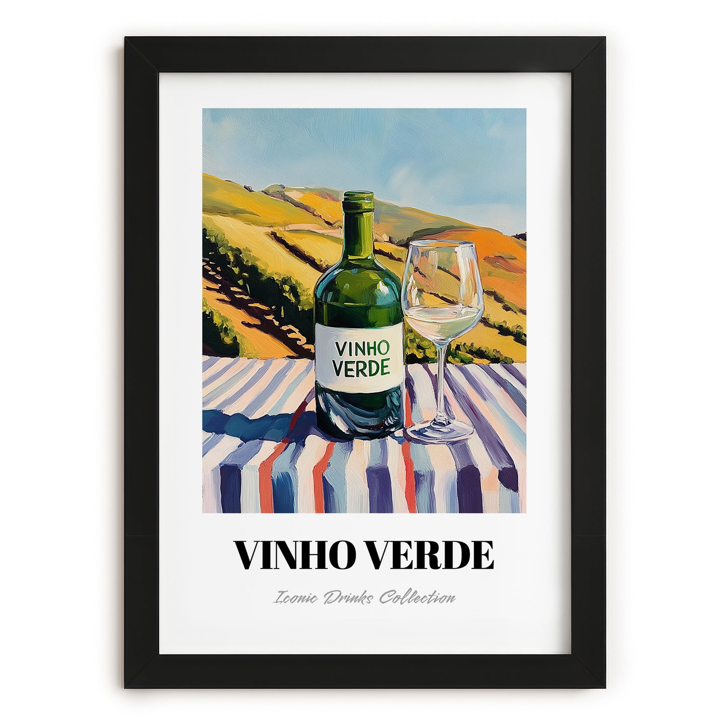 Vinho Verde – Portuguese Hillside Café View, Portuguese Wine Wall Decor, in sleek black frame