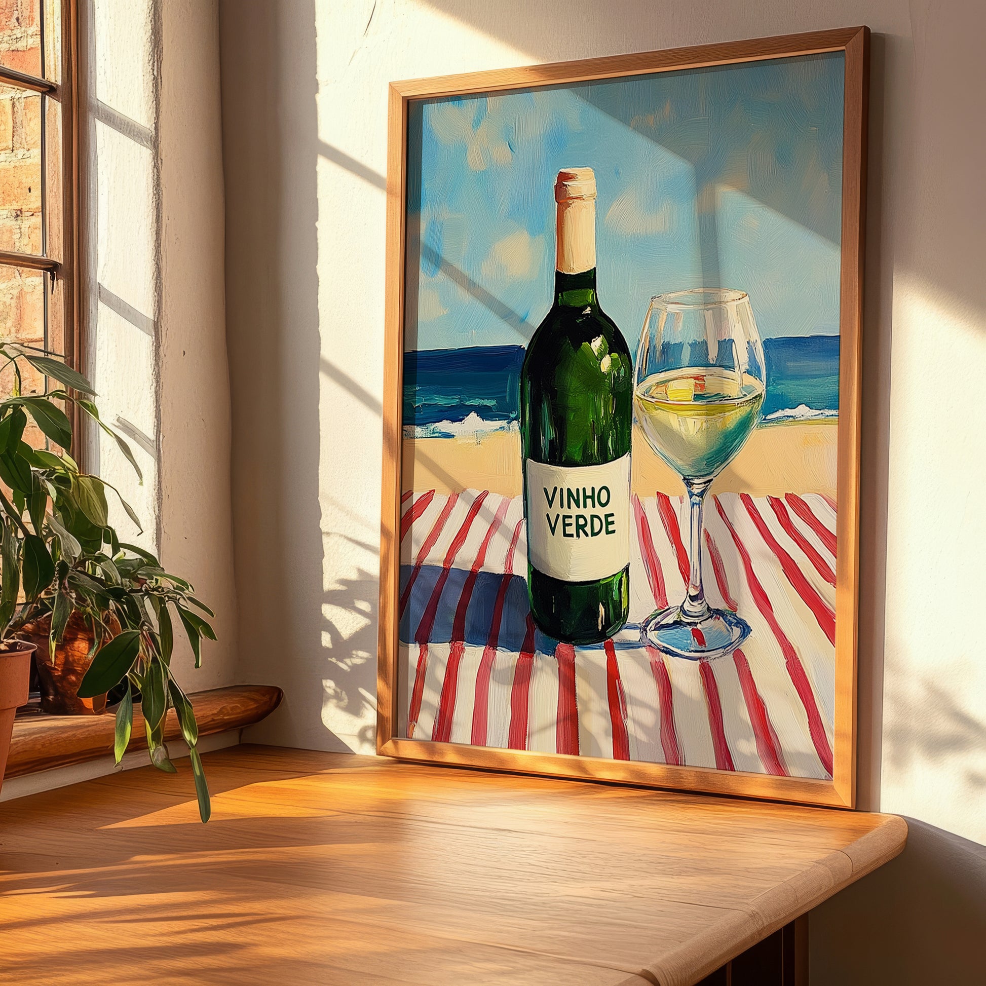 Vinho Verde – Portuguese Seaside Café Scene, Portuguese Wine Painting, clean layout with no caption