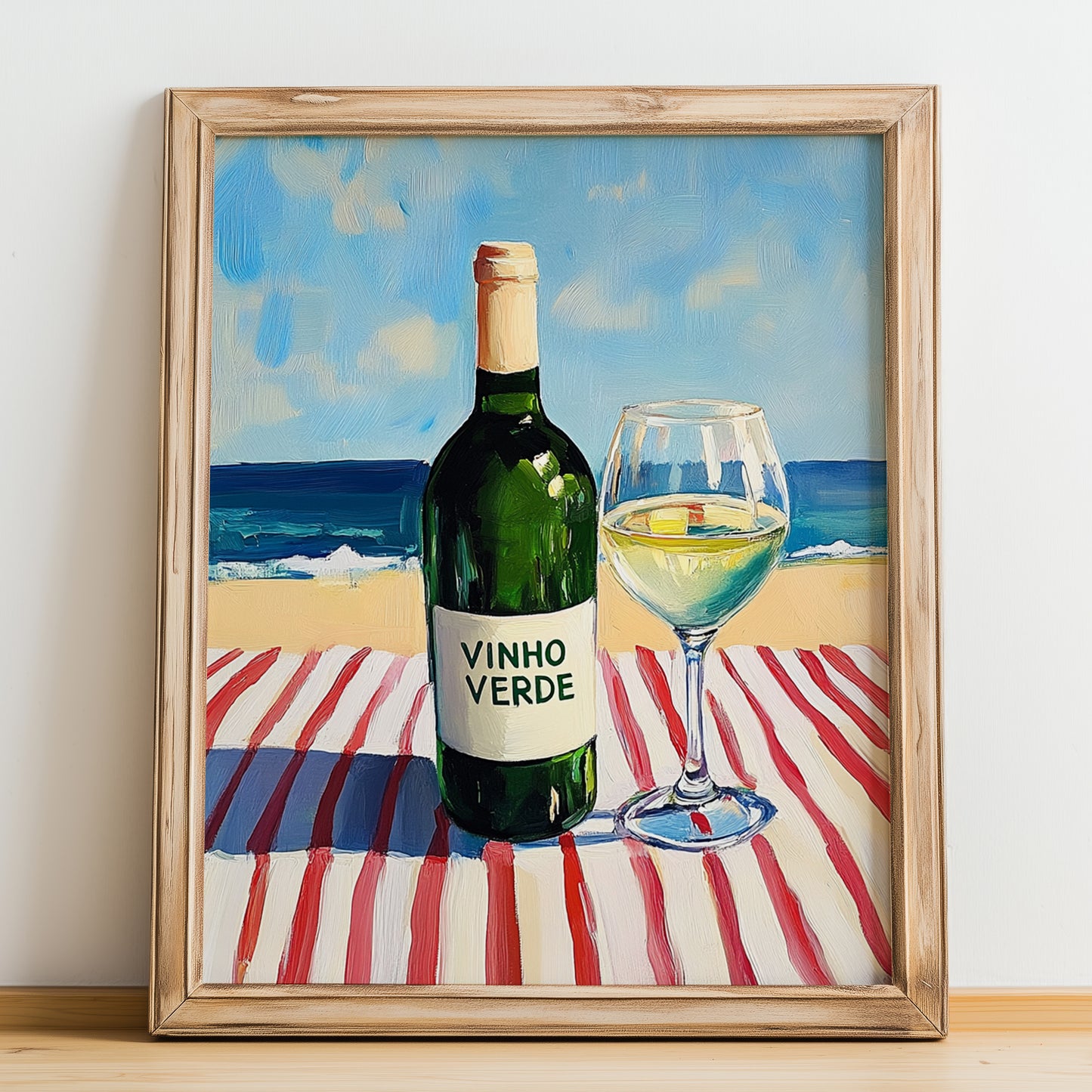 Vinho Verde – Portuguese Seaside Café Scene, Portuguese Wine Painting, no-text version framed in wood