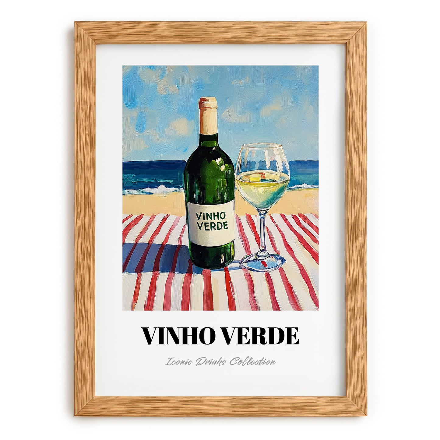 Vinho Verde – Portuguese Seaside Café Scene, Portuguese Wine Painting, set in oak frame