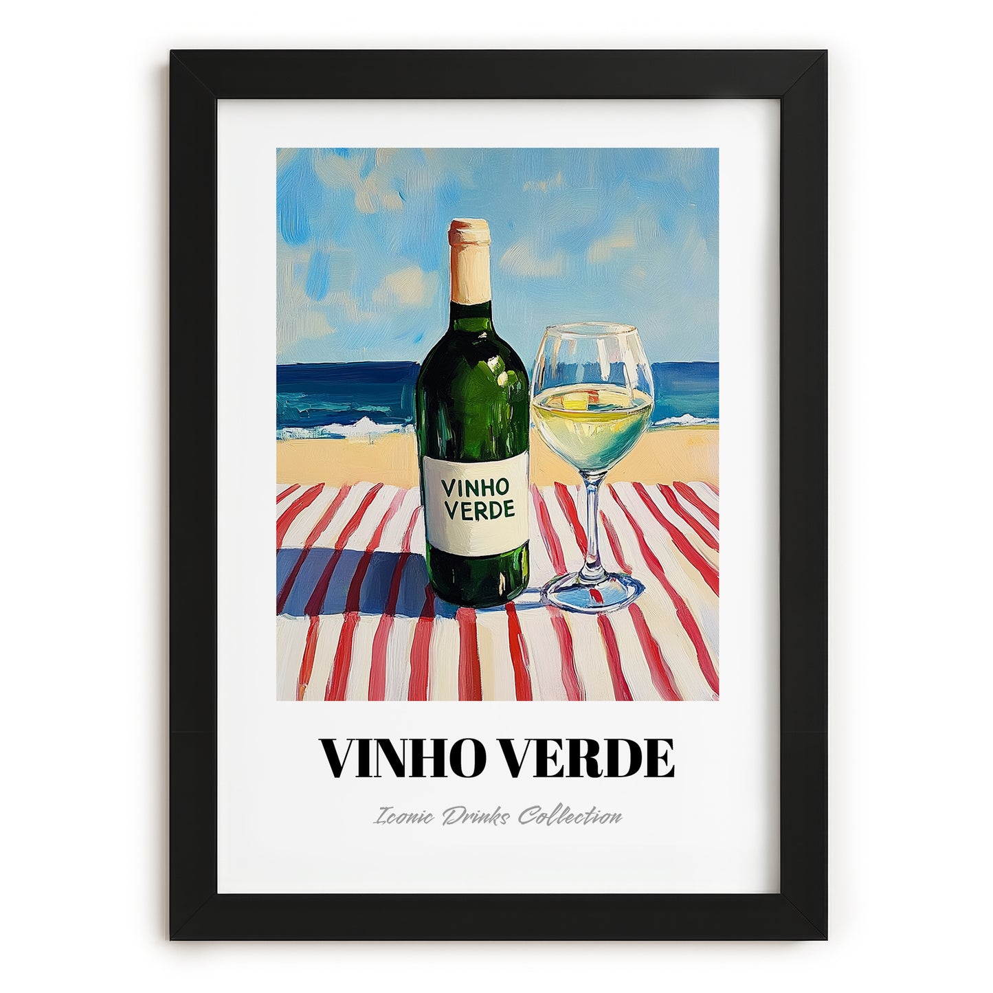 Vinho Verde – Portuguese Seaside Café Scene, Portuguese Wine Painting, in sleek black frame