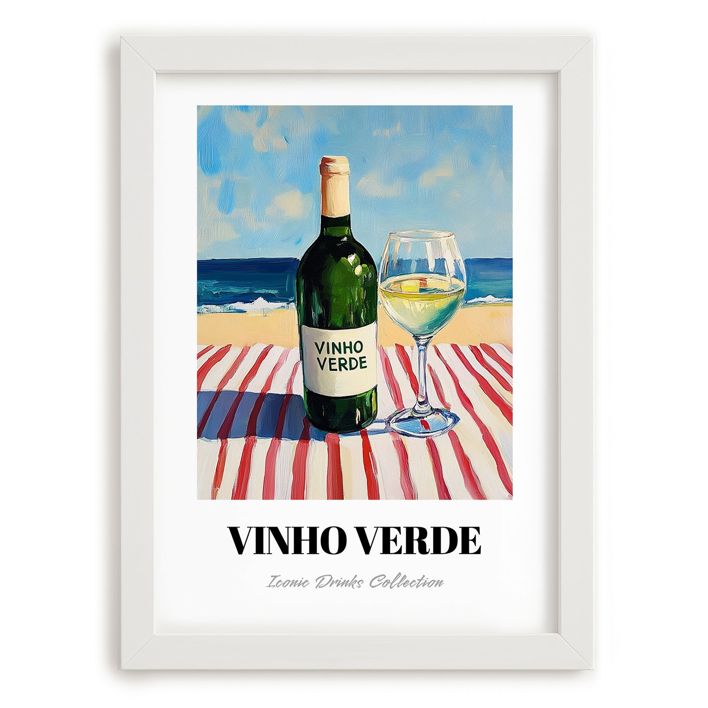 Vinho Verde – Portuguese Seaside Café Scene, Portuguese Wine Painting, placed in minimal white frame