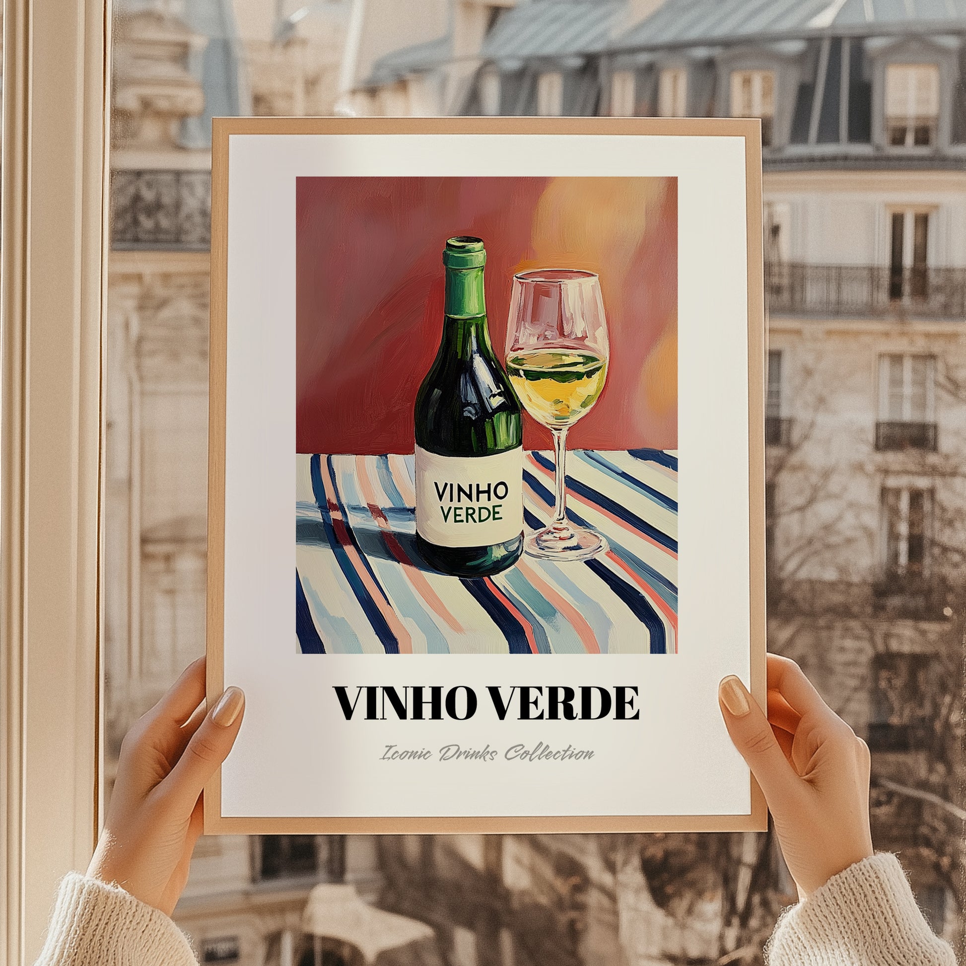 Vinho Verde – on Striped Tablecloth, Portuguese Wine Poster, styled in a charming Paris street view