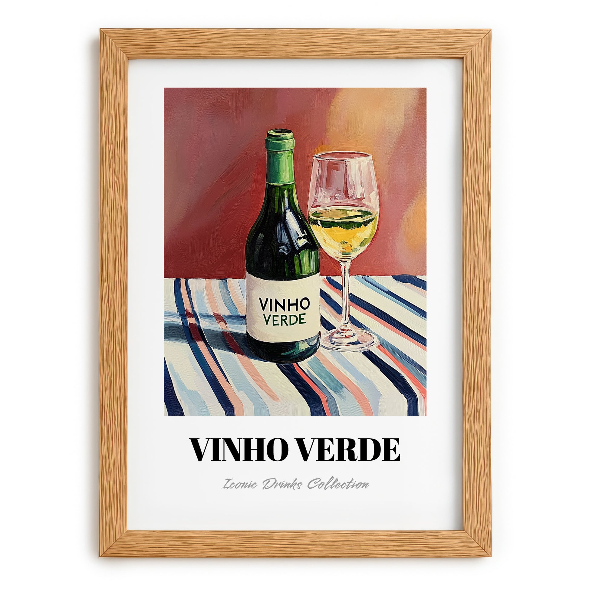 Vinho Verde – on Striped Tablecloth, Portuguese Wine Poster, set in oak frame