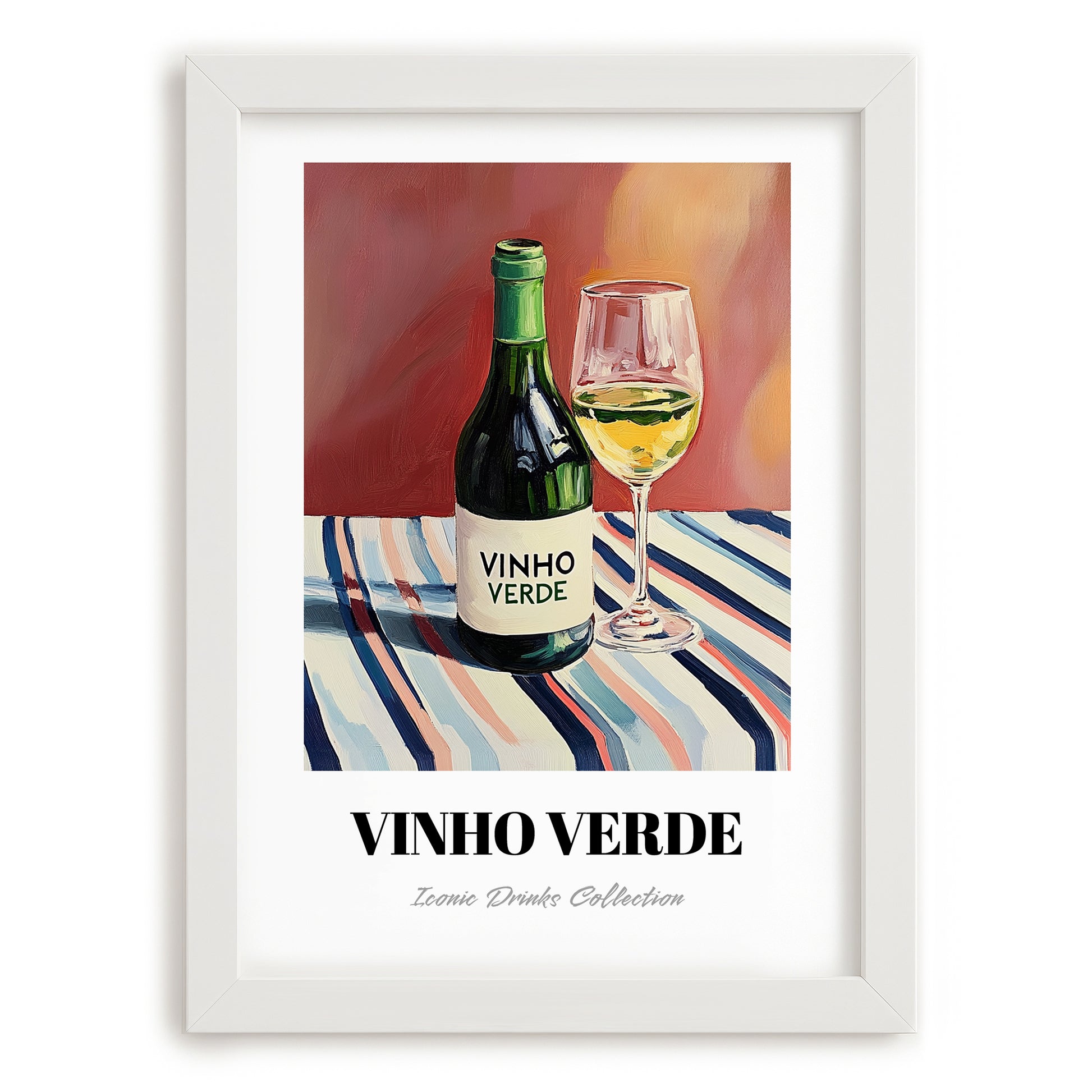 Vinho Verde – on Striped Tablecloth, Portuguese Wine Poster, placed in minimal white frame