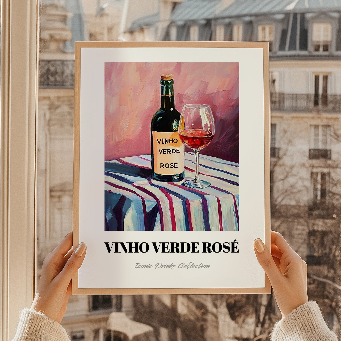 Vinho Verde Rosé – on Striped Tablecloth, Portuguese Wine Wall Decor, styled in a charming Paris street view