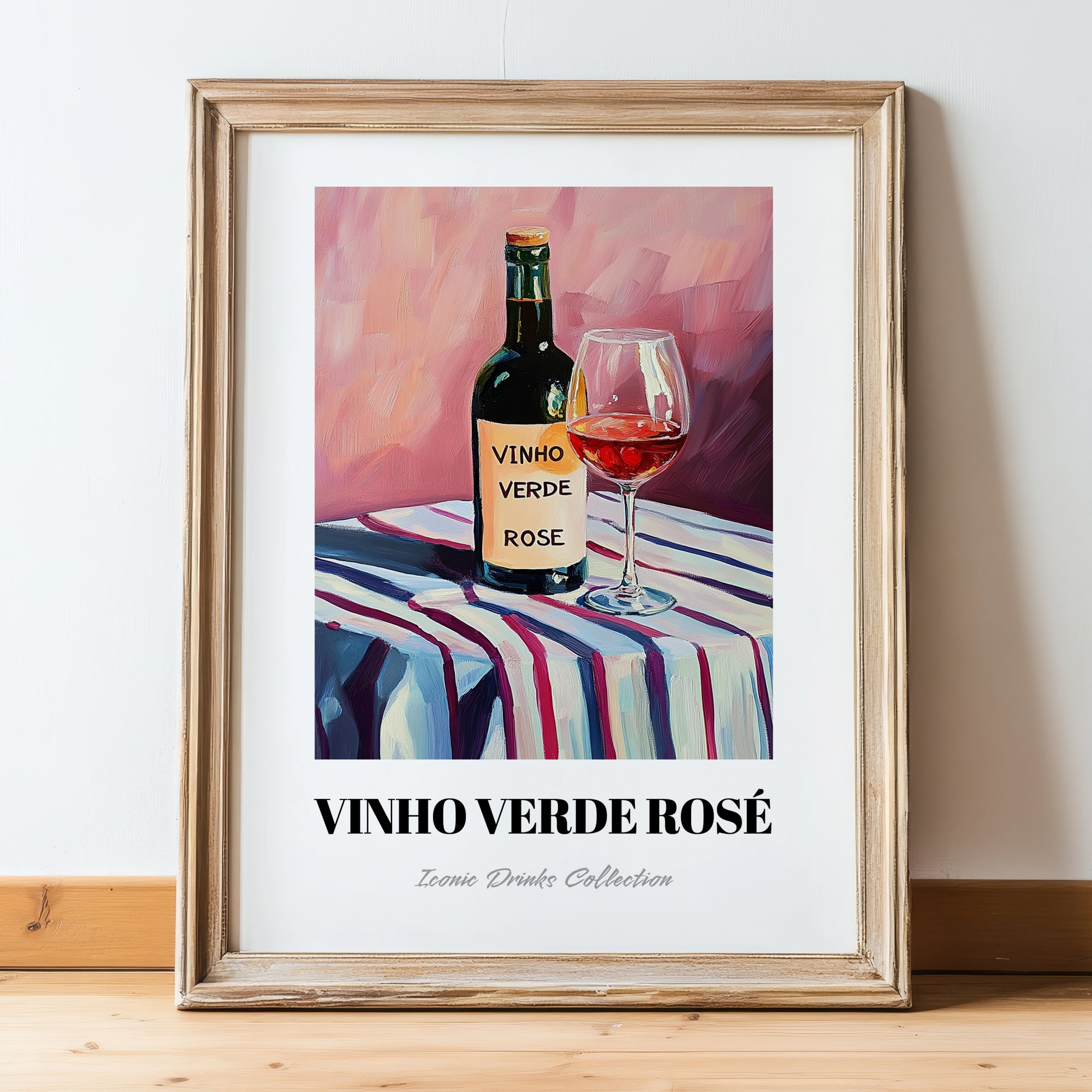 Vinho Verde Rosé – on Striped Tablecloth, Portuguese Wine Wall Decor, in wooden frame leaning on the floor