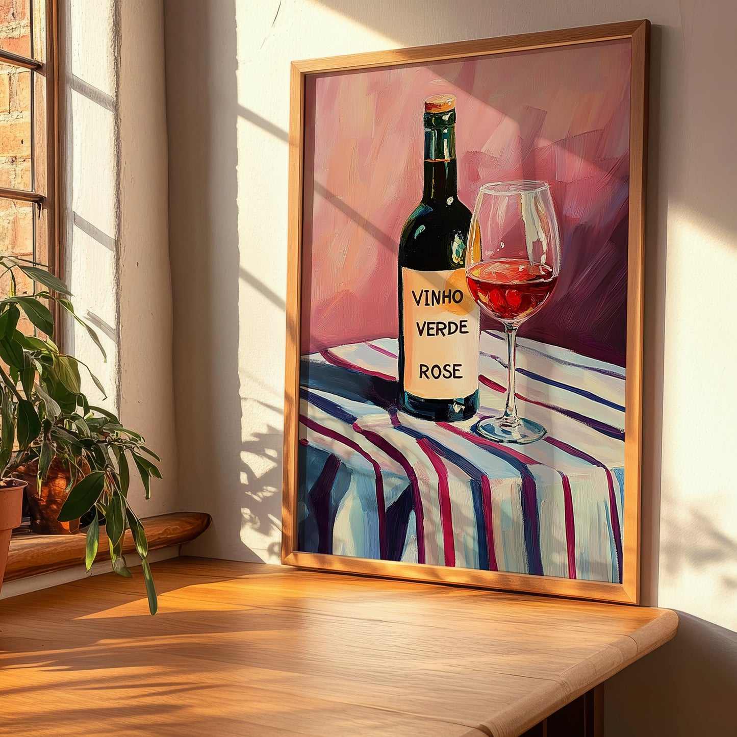 Vinho Verde Rosé – on Striped Tablecloth, Portuguese Wine Wall Decor, clean layout with no caption
