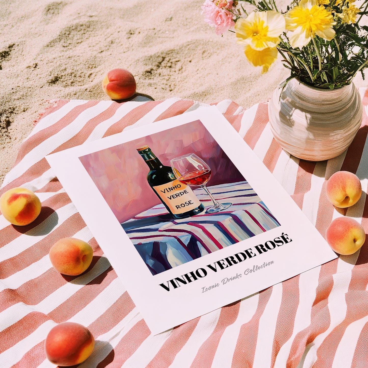 Vinho Verde Rosé – on Striped Tablecloth, Portuguese Wine Wall Decor, unframed on coastal sand