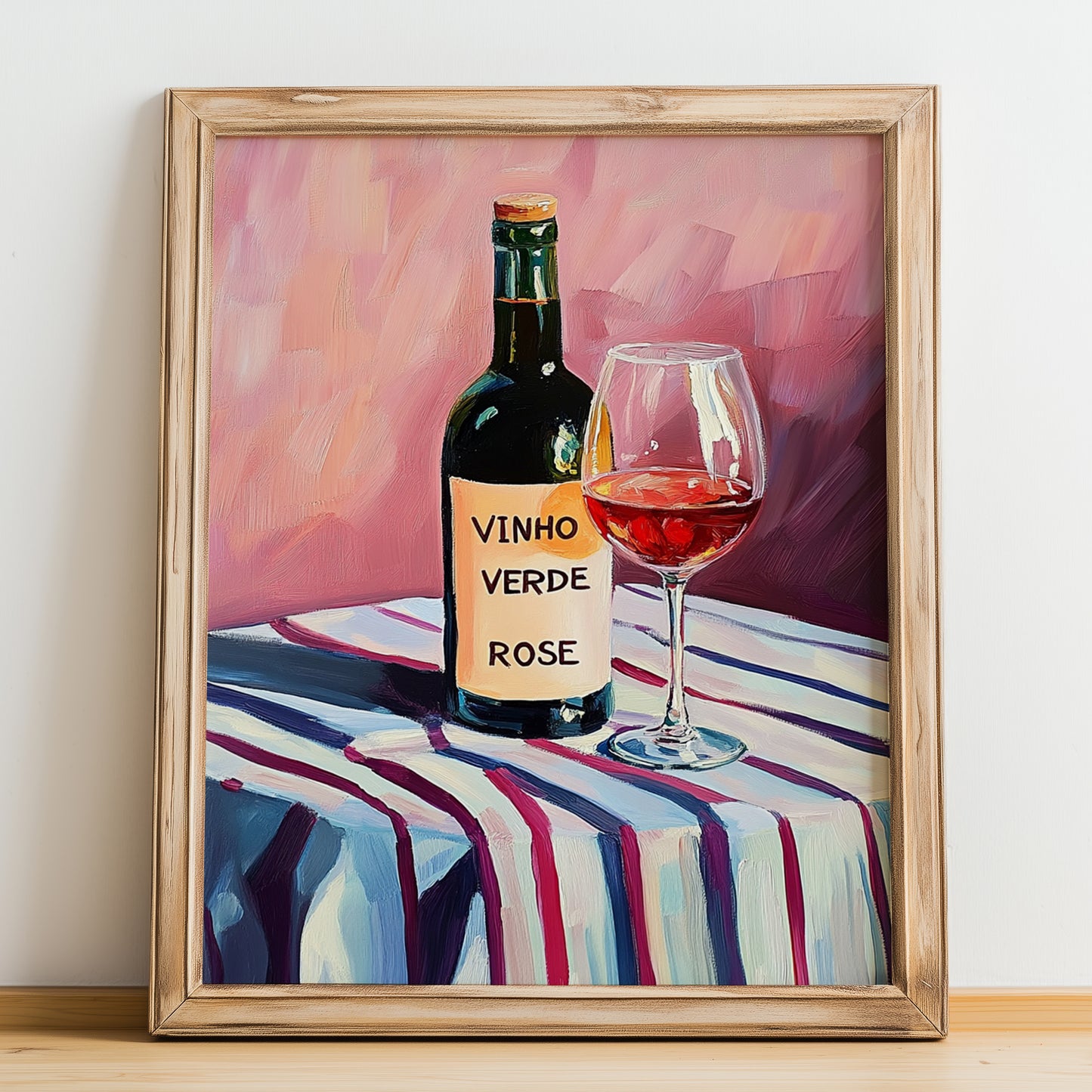 Vinho Verde Rosé – on Striped Tablecloth, Portuguese Wine Wall Decor, no-text version framed in wood