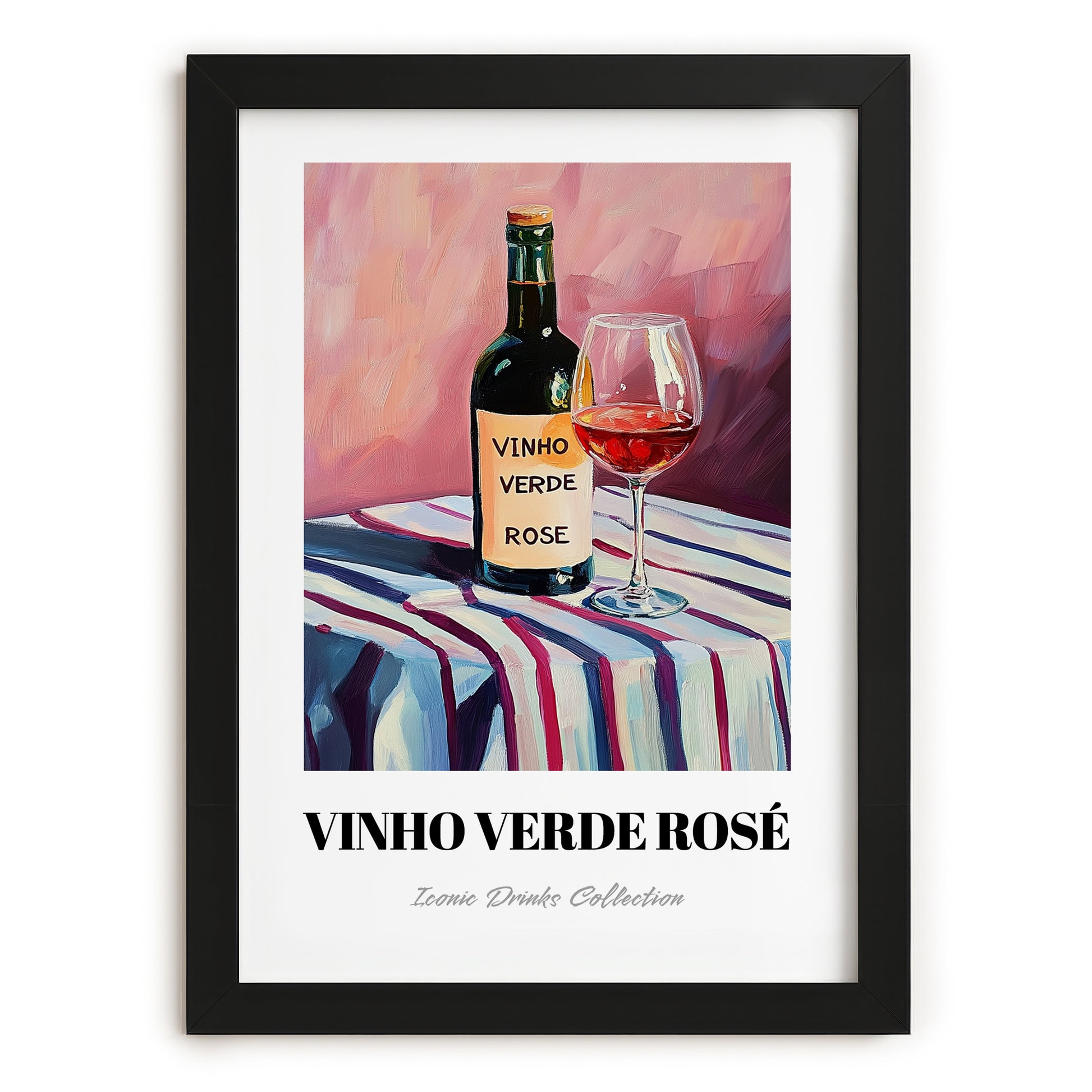 Vinho Verde Rosé – on Striped Tablecloth, Portuguese Wine Wall Decor, in sleek black frame
