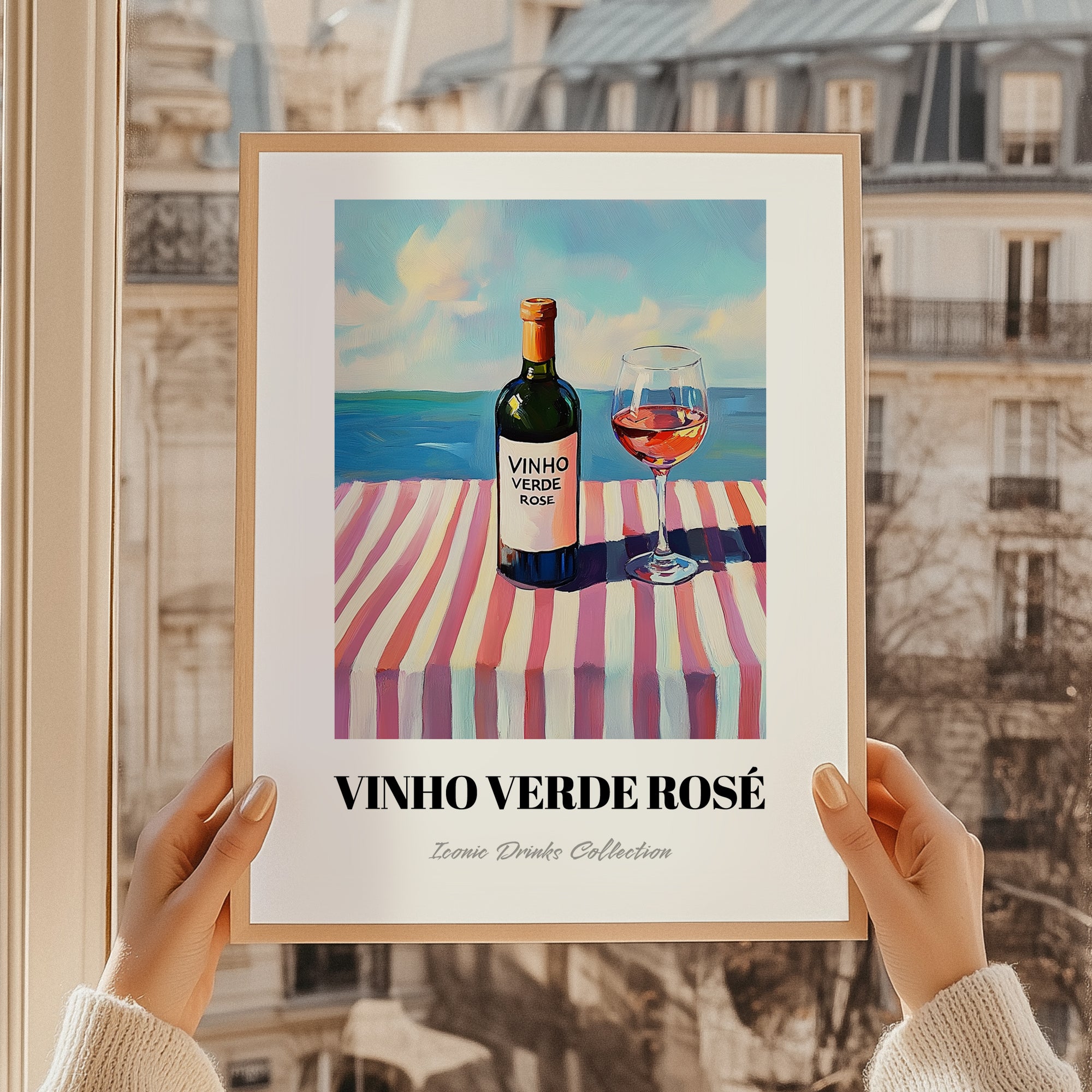 Vinho Verde Rosé – Portuguese Coastal Café Moment, Portuguese Wine Illustration, styled in a charming Paris street view