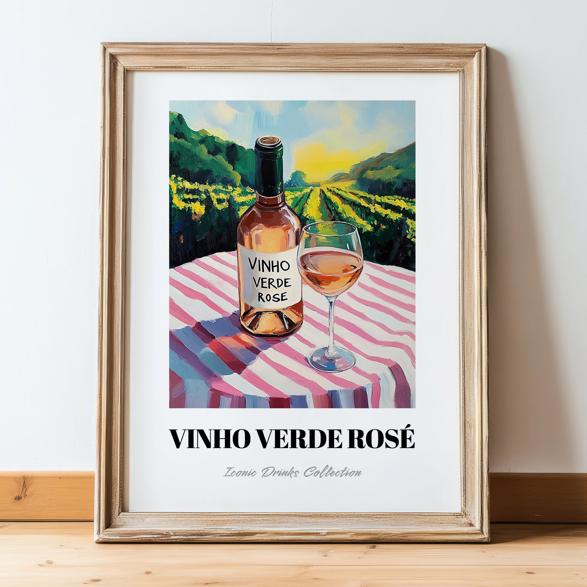 Vinho Verde Rosé – Portuguese Hilltop Café Scene, Portuguese Wine Illustration, in wooden frame leaning on the floor