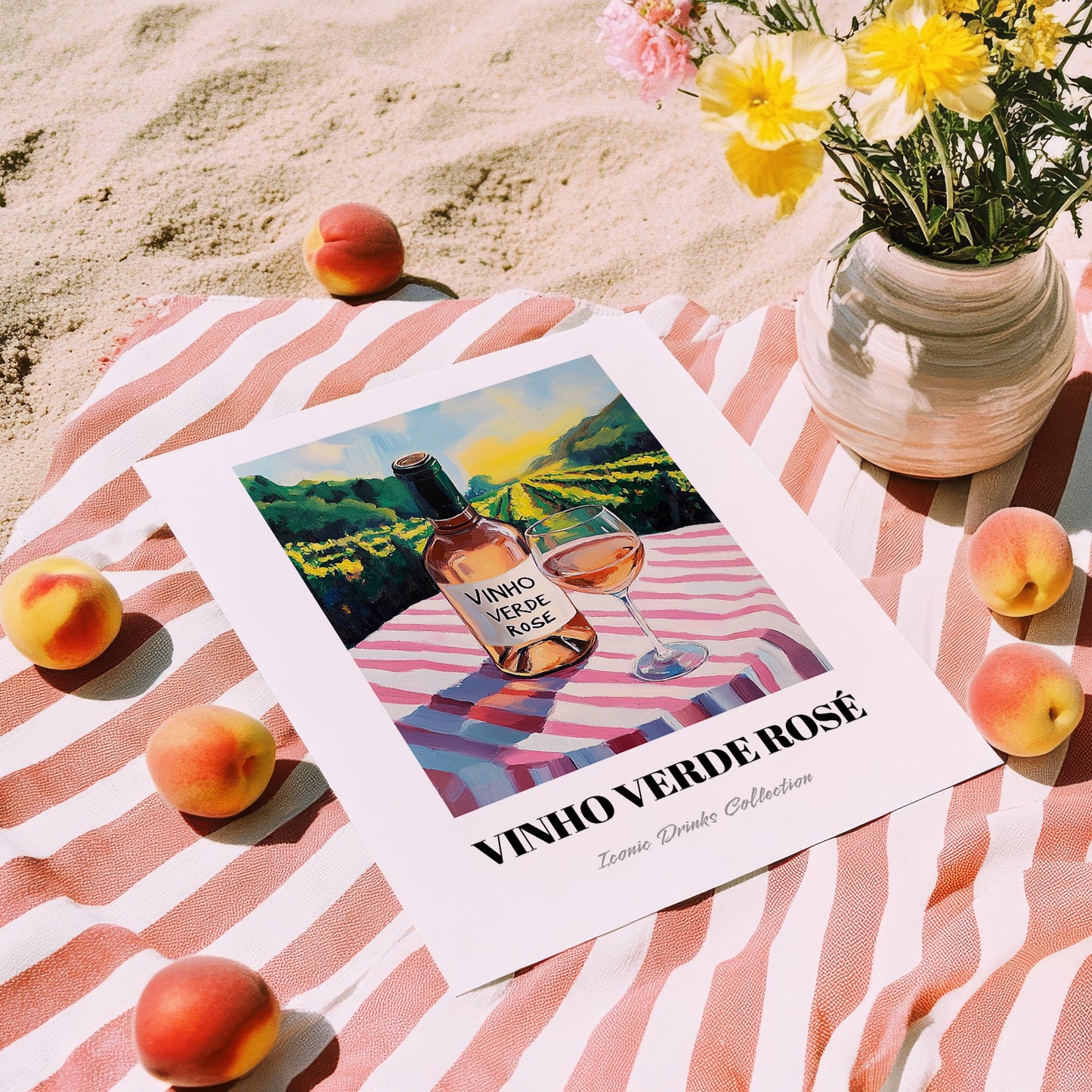 Vinho Verde Rosé – Portuguese Hilltop Café Scene, Portuguese Wine Illustration, unframed on coastal sand