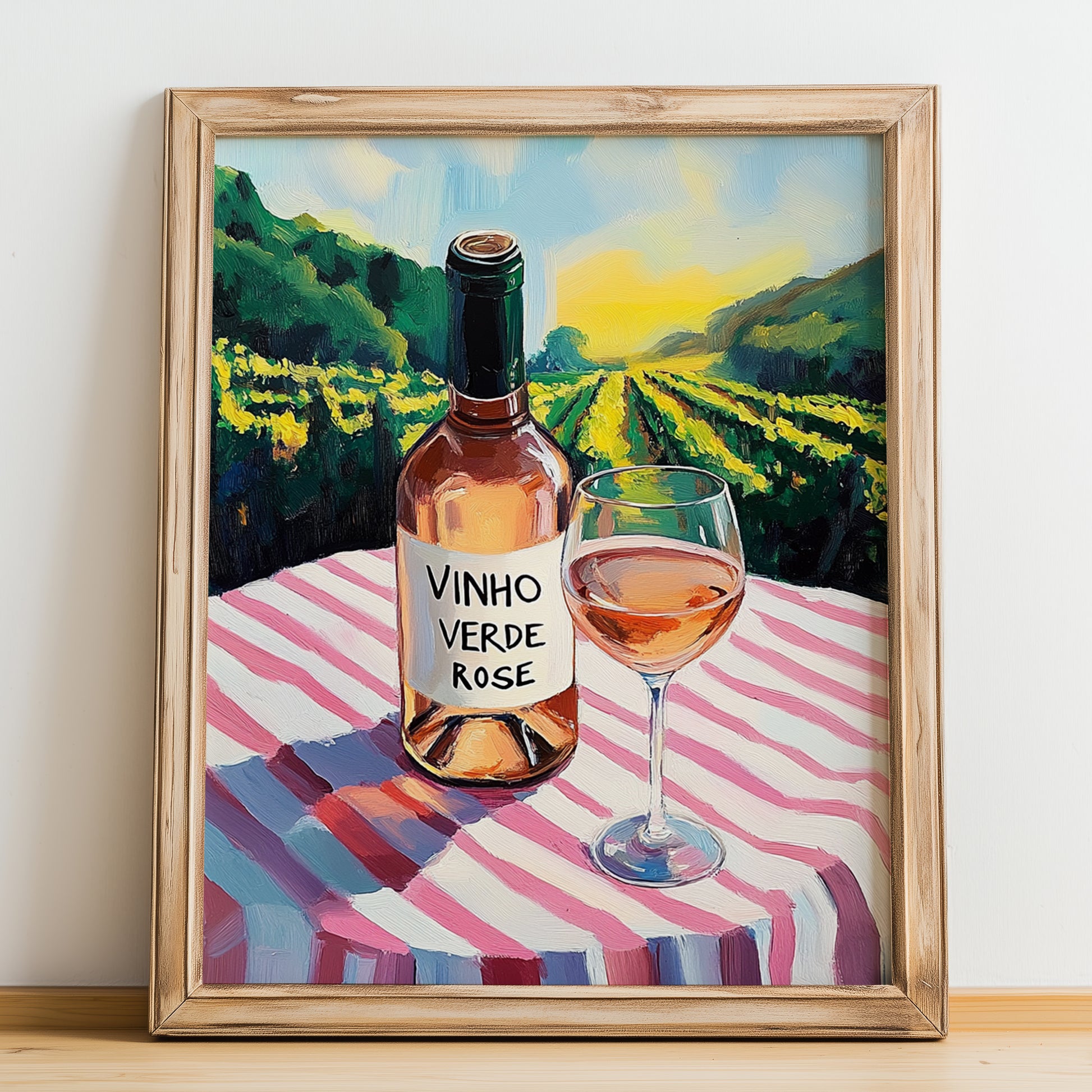 Vinho Verde Rosé – Portuguese Hilltop Café Scene, Portuguese Wine Illustration, no-text version framed in wood