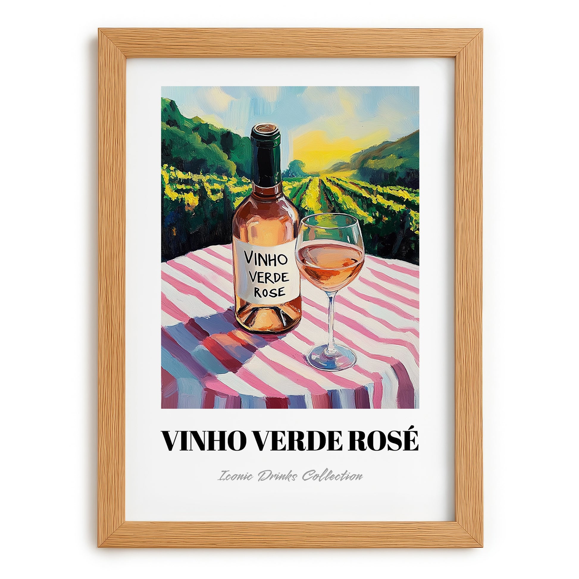 Vinho Verde Rosé – Portuguese Hilltop Café Scene, Portuguese Wine Illustration, set in oak frame