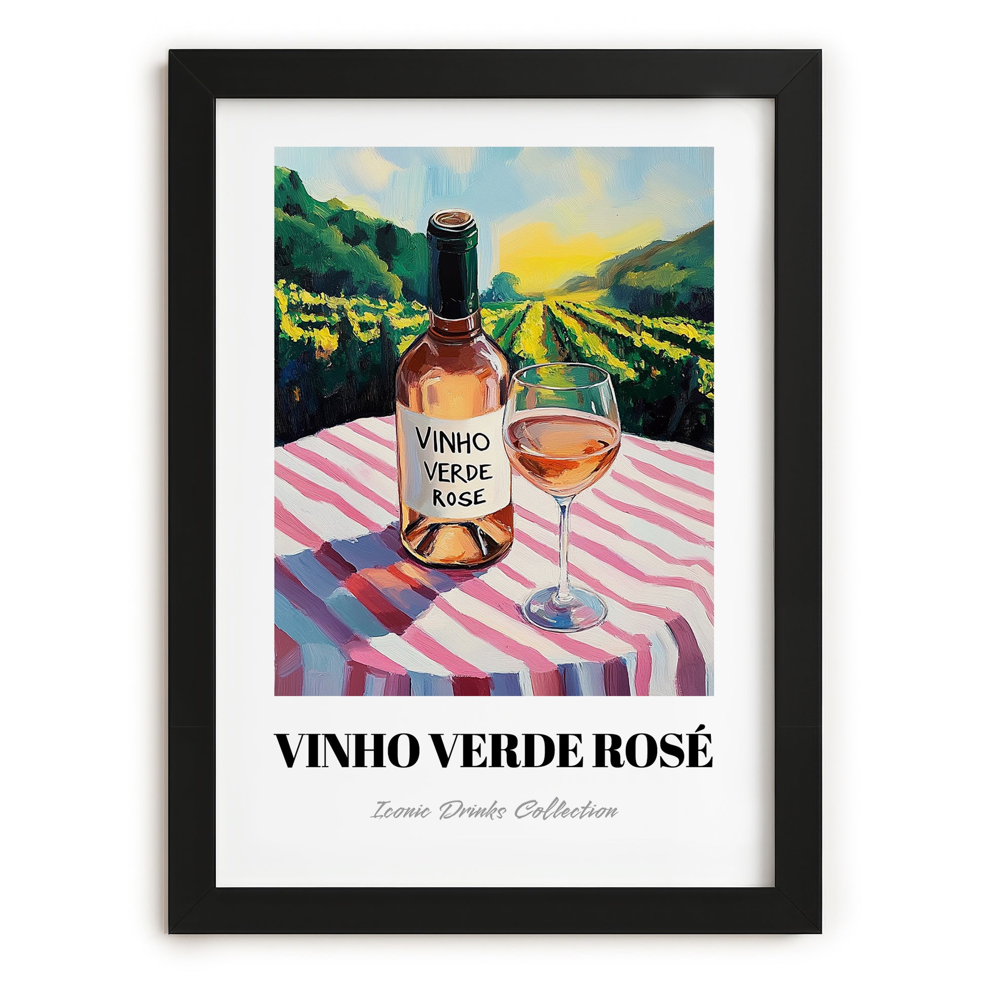 Vinho Verde Rosé – Portuguese Hilltop Café Scene, Portuguese Wine Illustration, in sleek black frame
