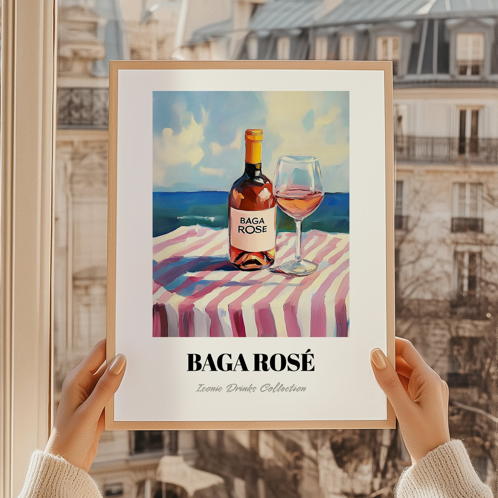 Baga Rosé – Portuguese Seaside Scene, Portuguese Wine Poster, styled in a charming Paris street view