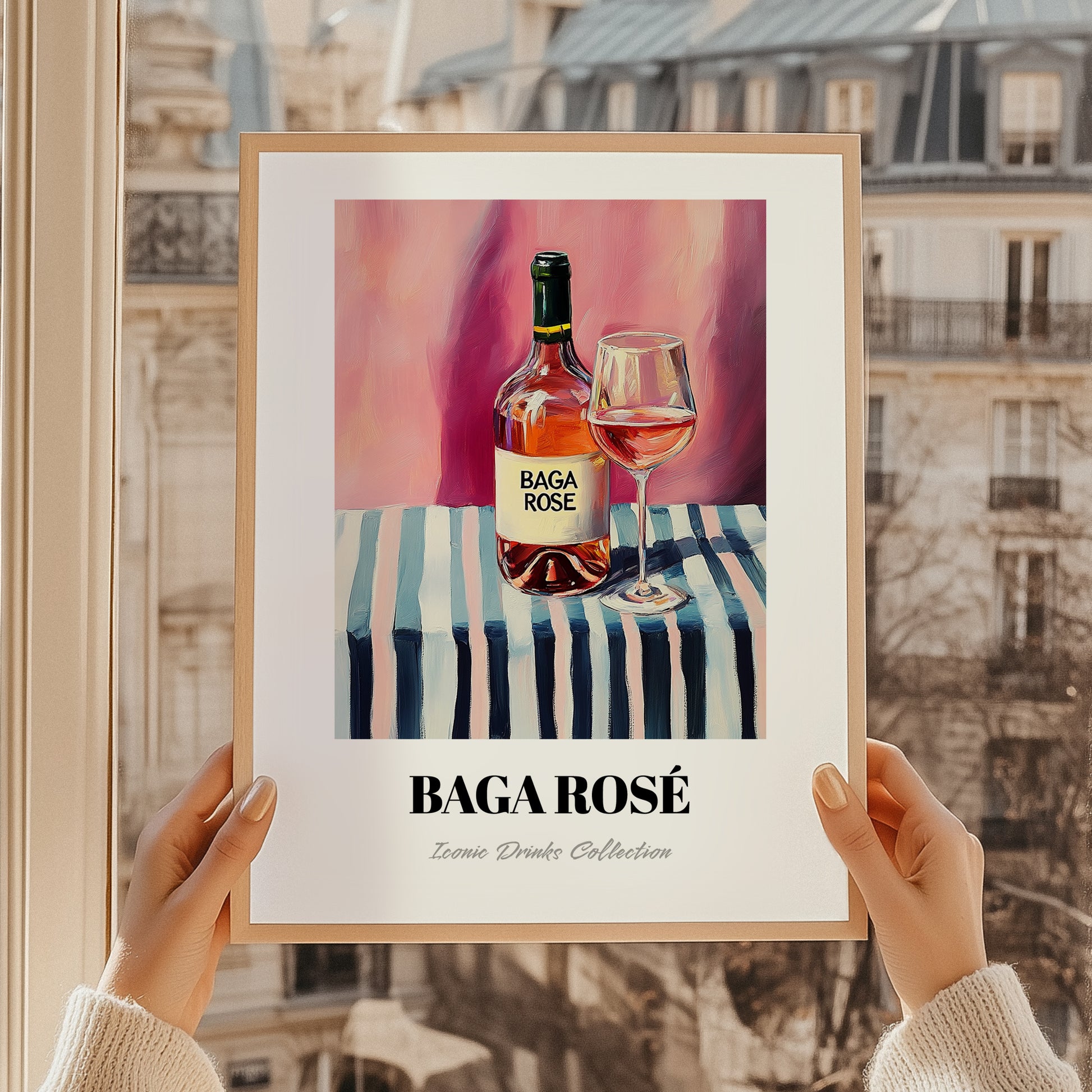 Baga Rosé – on Striped Tablecloth, Portuguese Wine Still Life, styled in a charming Paris street view