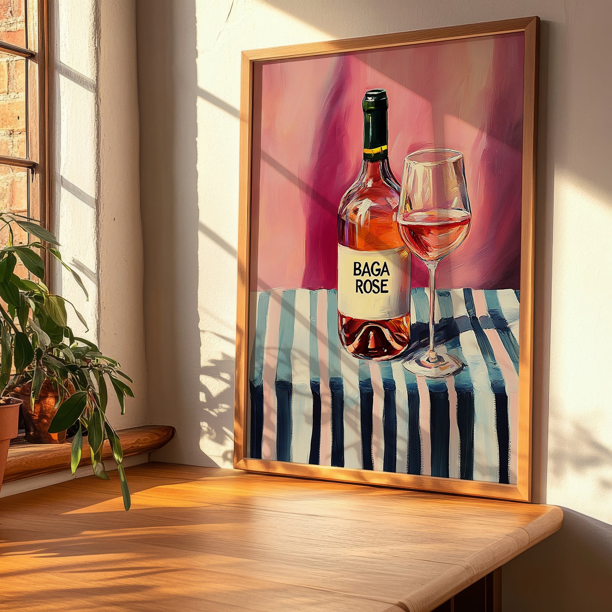 Baga Rosé – on Striped Tablecloth, Portuguese Wine Still Life, clean layout with no caption