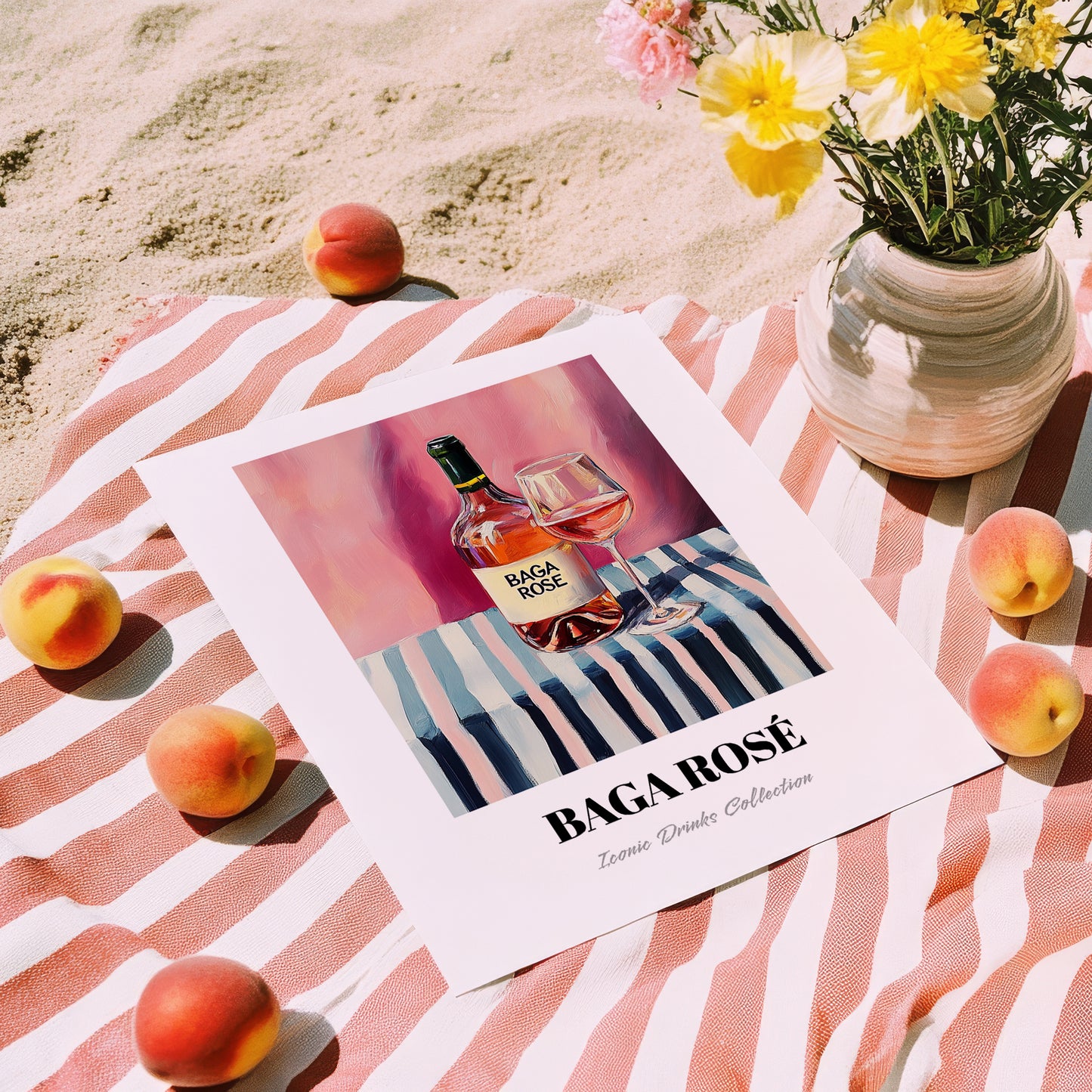 Baga Rosé – on Striped Tablecloth, Portuguese Wine Still Life, unframed on coastal sand