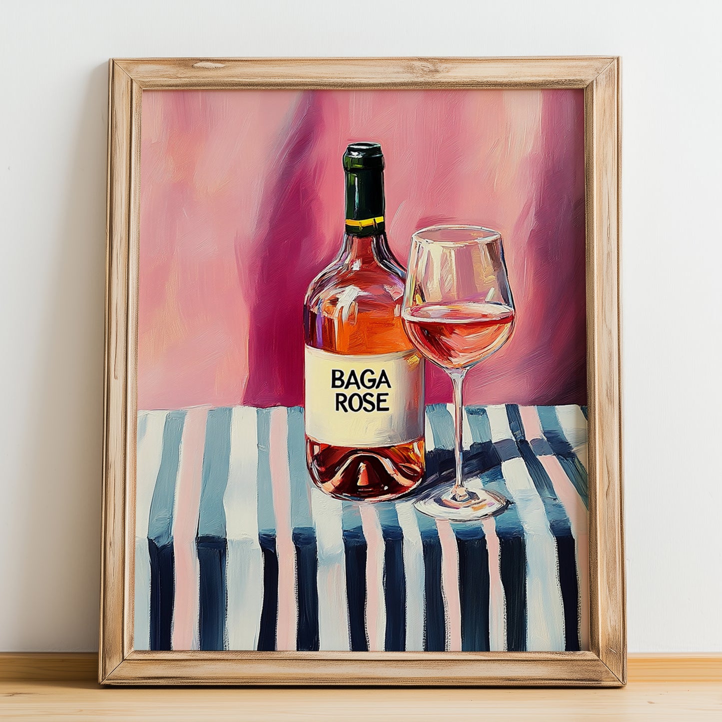 Baga Rosé – on Striped Tablecloth, Portuguese Wine Still Life, no-text version framed in wood