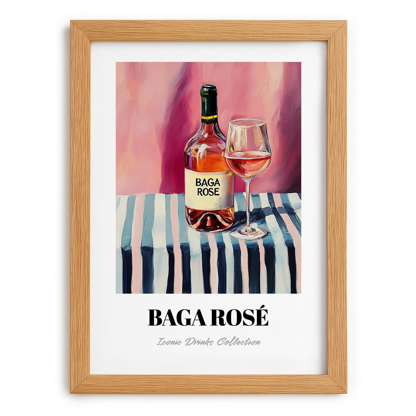 Baga Rosé – on Striped Tablecloth, Portuguese Wine Still Life, set in oak frame