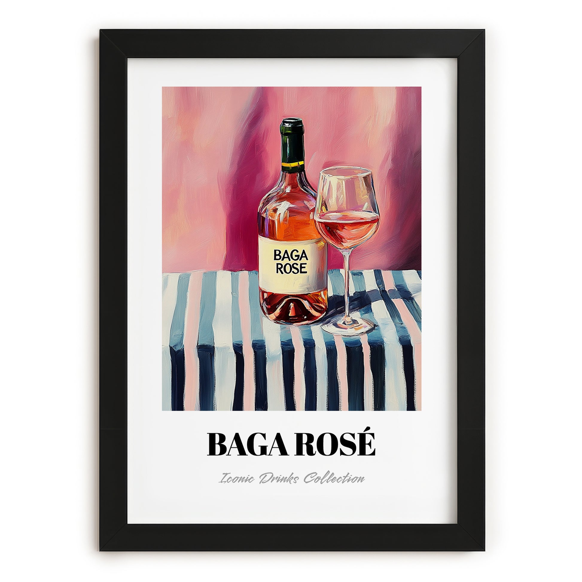 Baga Rosé – on Striped Tablecloth, Portuguese Wine Still Life, in sleek black frame