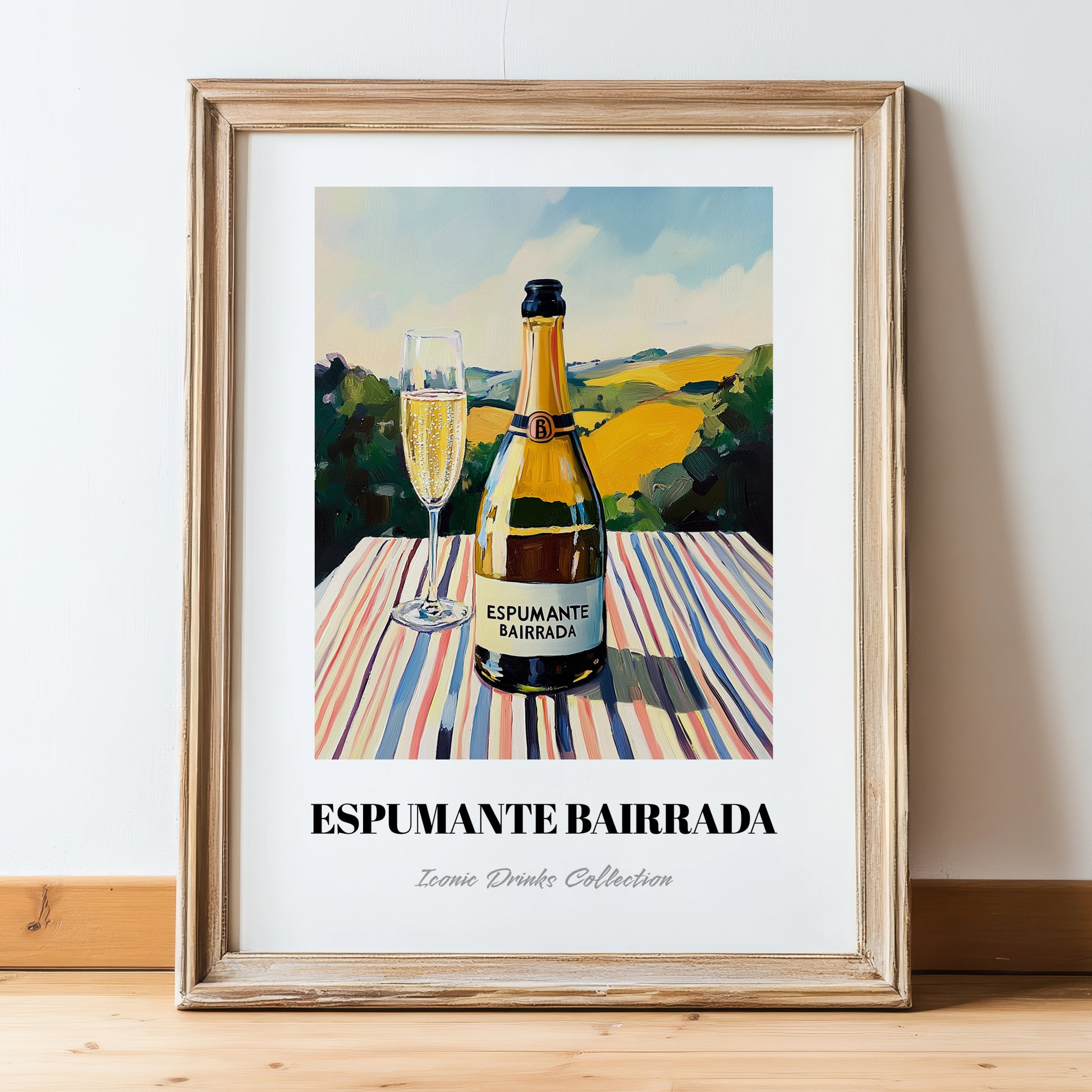 Espumante Bairrada – Portuguese Hilltop Table Scene, Portuguese Sparkling Wine Illustration, in wooden frame leaning on the floor