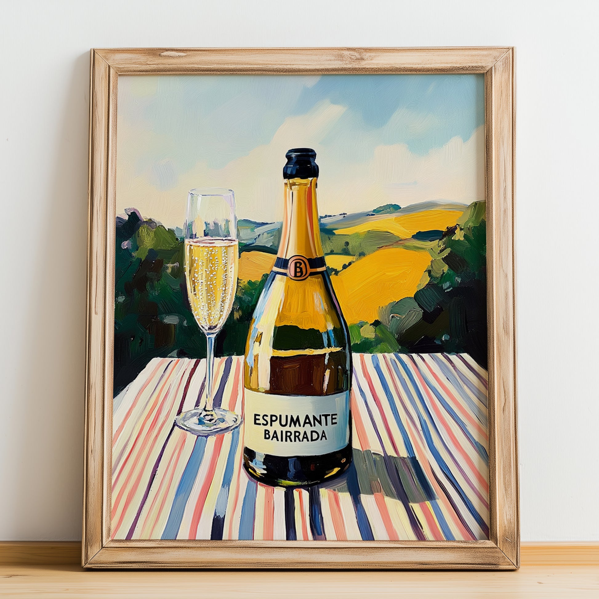 Espumante Bairrada – Portuguese Hilltop Table Scene, Portuguese Sparkling Wine Illustration, no-text version framed in wood