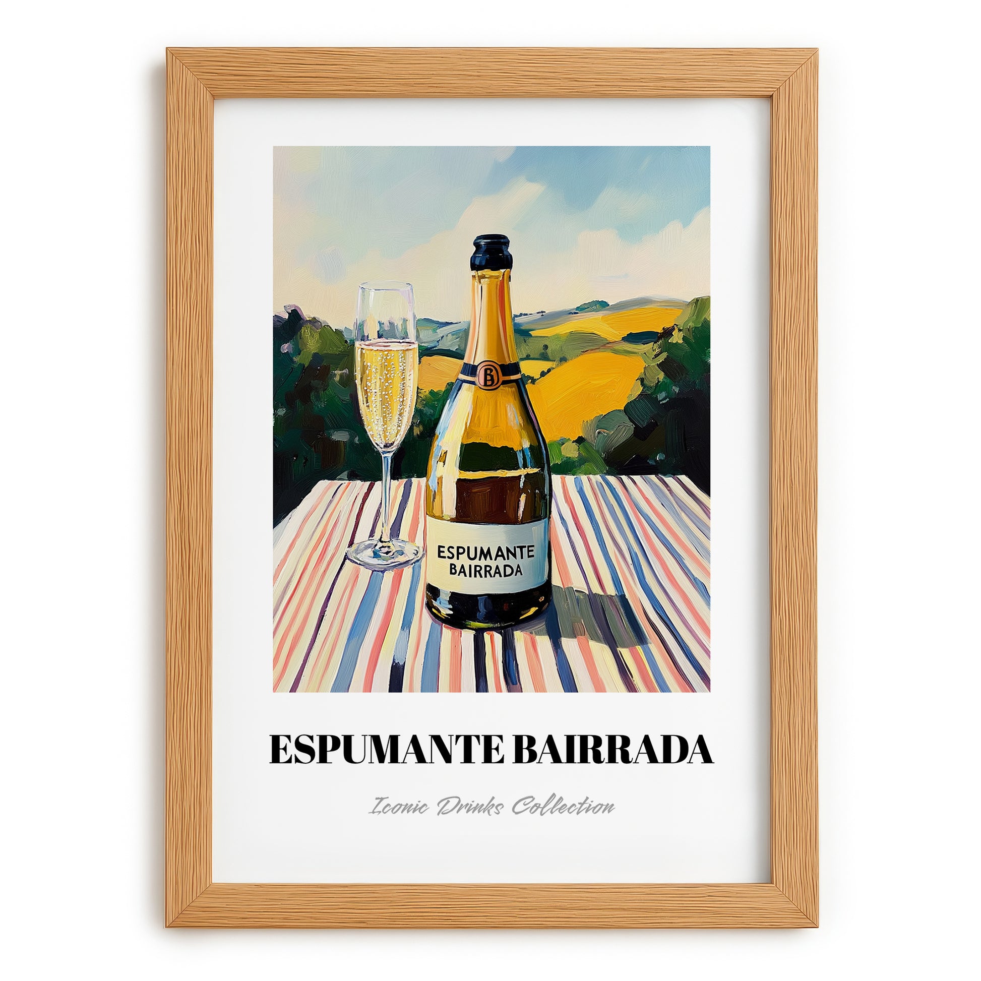 Espumante Bairrada – Portuguese Hilltop Table Scene, Portuguese Sparkling Wine Illustration, set in oak frame