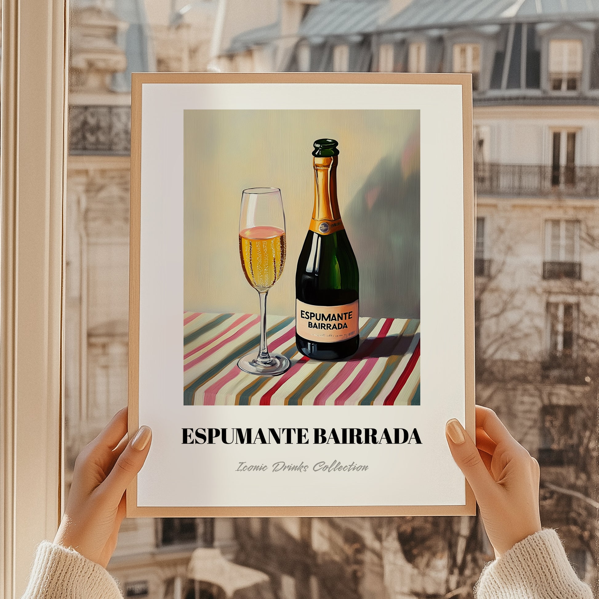 Espumante Bairrada – on Striped Tablecloth, Portuguese Sparkling Wine Painting, styled in a charming Paris street view