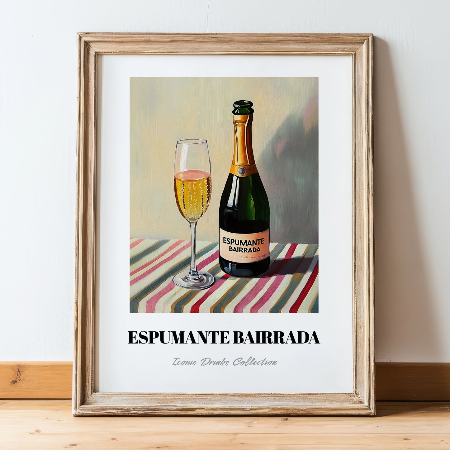 Espumante Bairrada – on Striped Tablecloth, Portuguese Sparkling Wine Painting, in wooden frame leaning on the floor