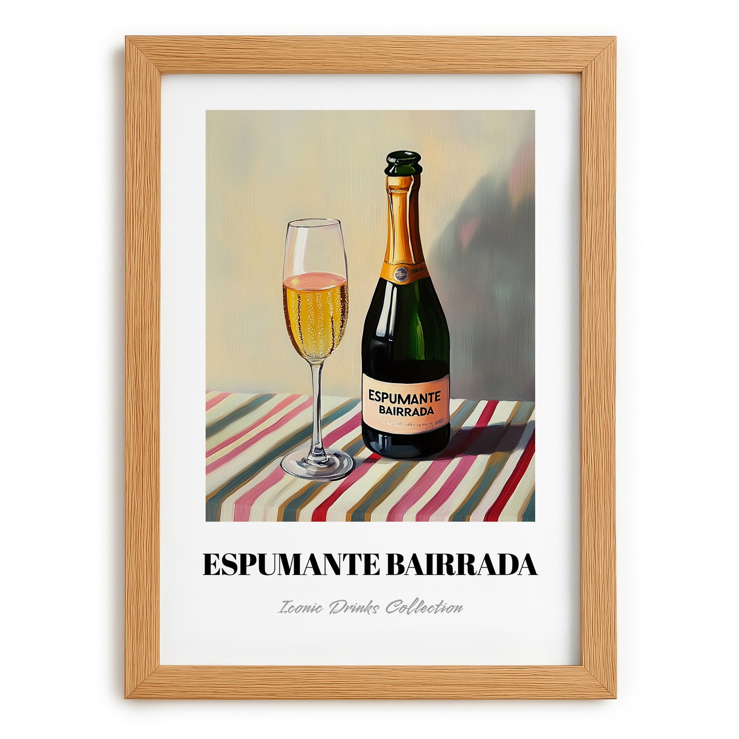 Espumante Bairrada – on Striped Tablecloth, Portuguese Sparkling Wine Painting, set in oak frame
