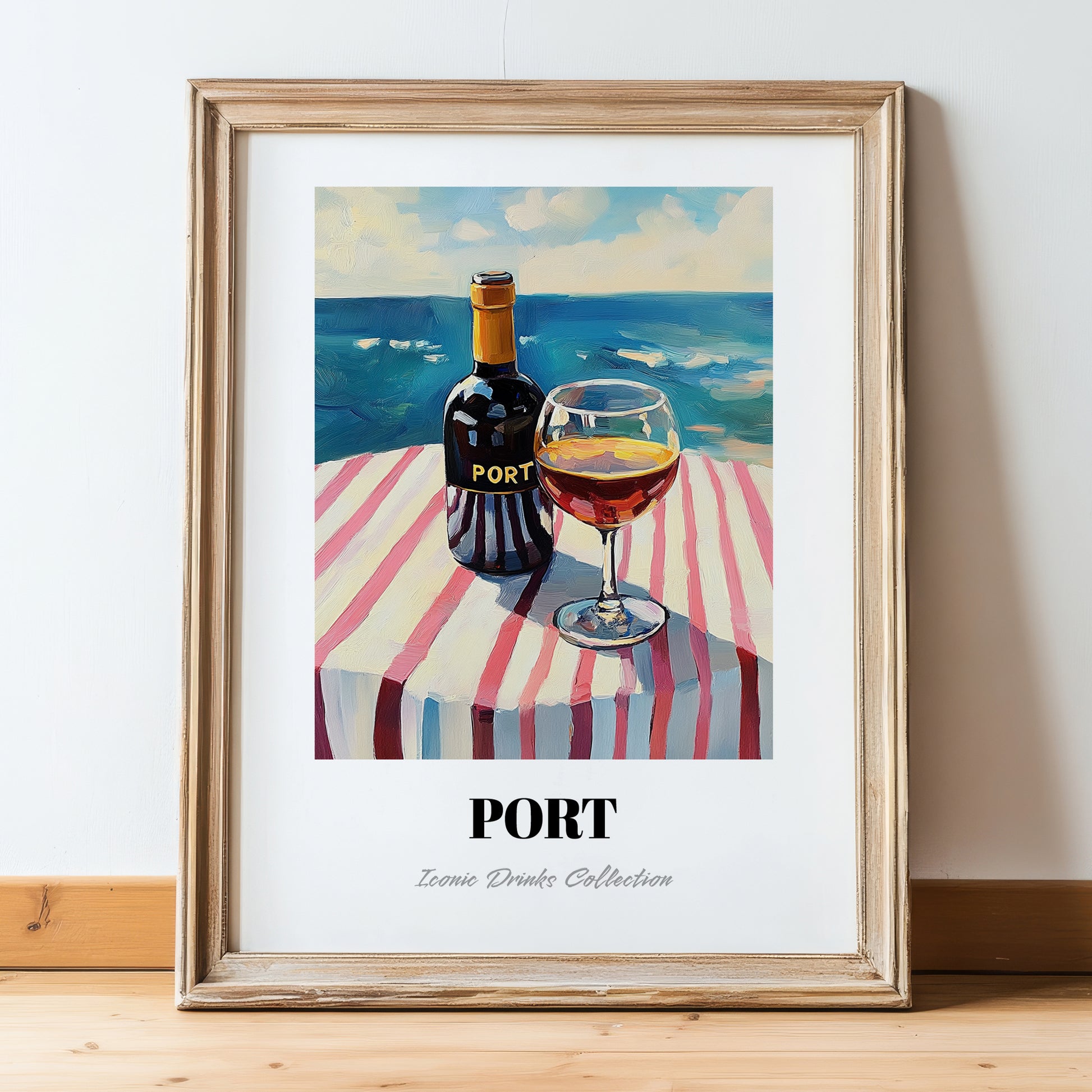 Port – Portuguese Seaside Café Scene, Portuguese Dessert Wine Illustration, in wooden frame leaning on the floor