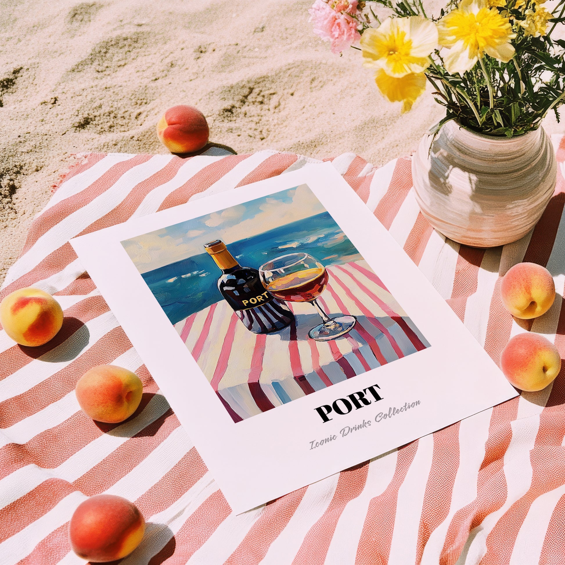 Port – Portuguese Seaside Café Scene, Portuguese Dessert Wine Illustration, unframed on coastal sand