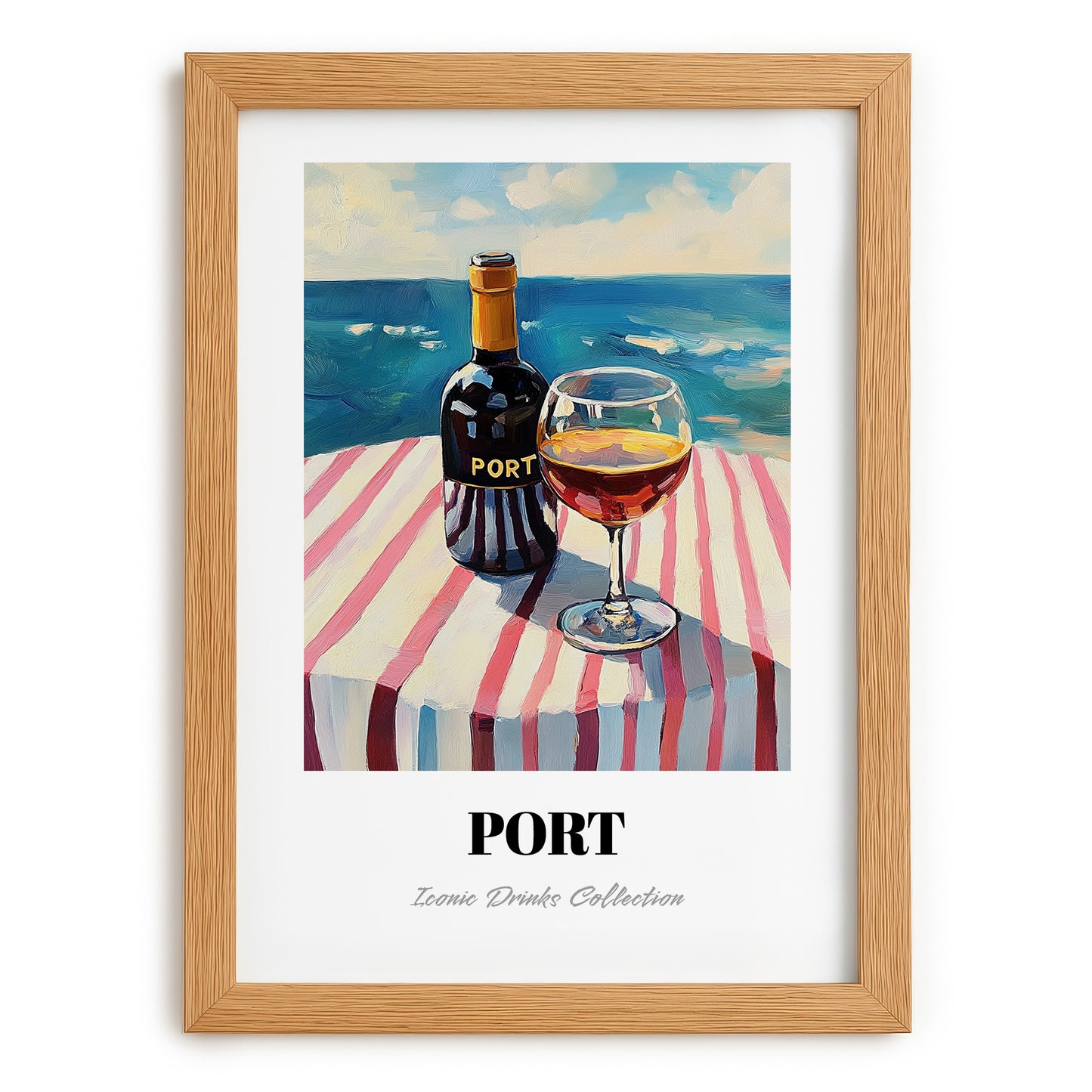 Port – Portuguese Seaside Café Scene, Portuguese Dessert Wine Illustration, set in oak frame