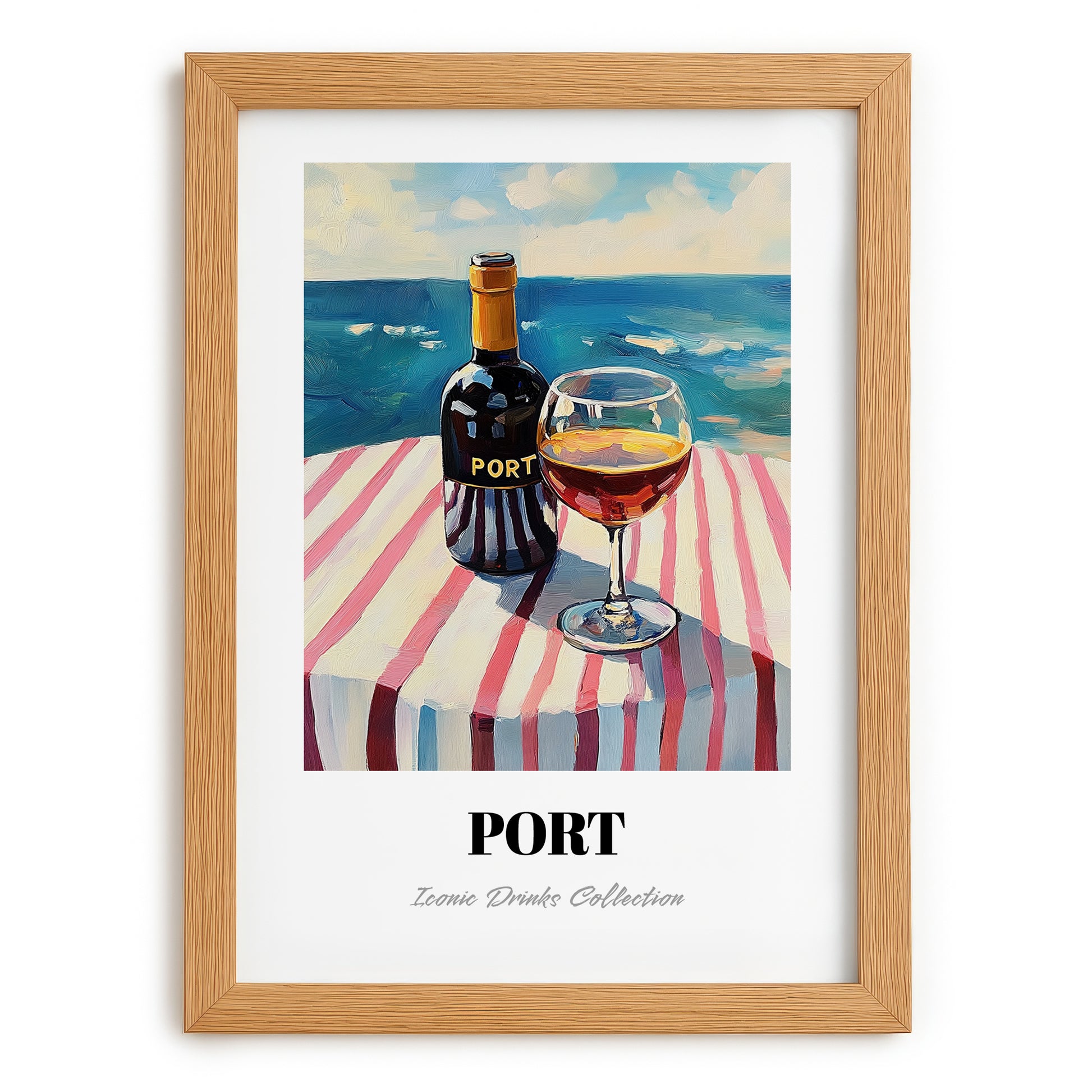 Port – Portuguese Seaside Café Scene, Portuguese Dessert Wine Illustration, set in oak frame