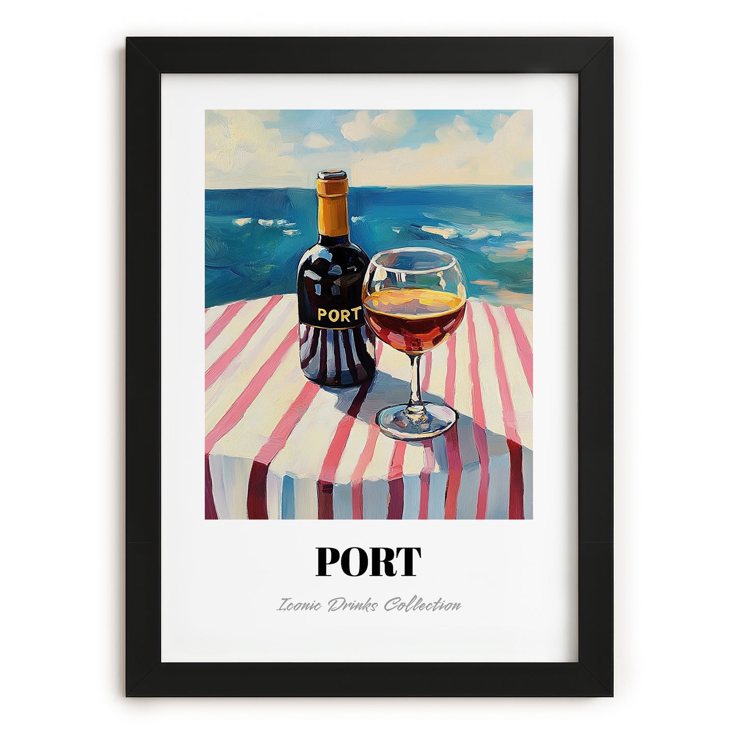 Port – Portuguese Seaside Café Scene, Portuguese Dessert Wine Illustration, in sleek black frame