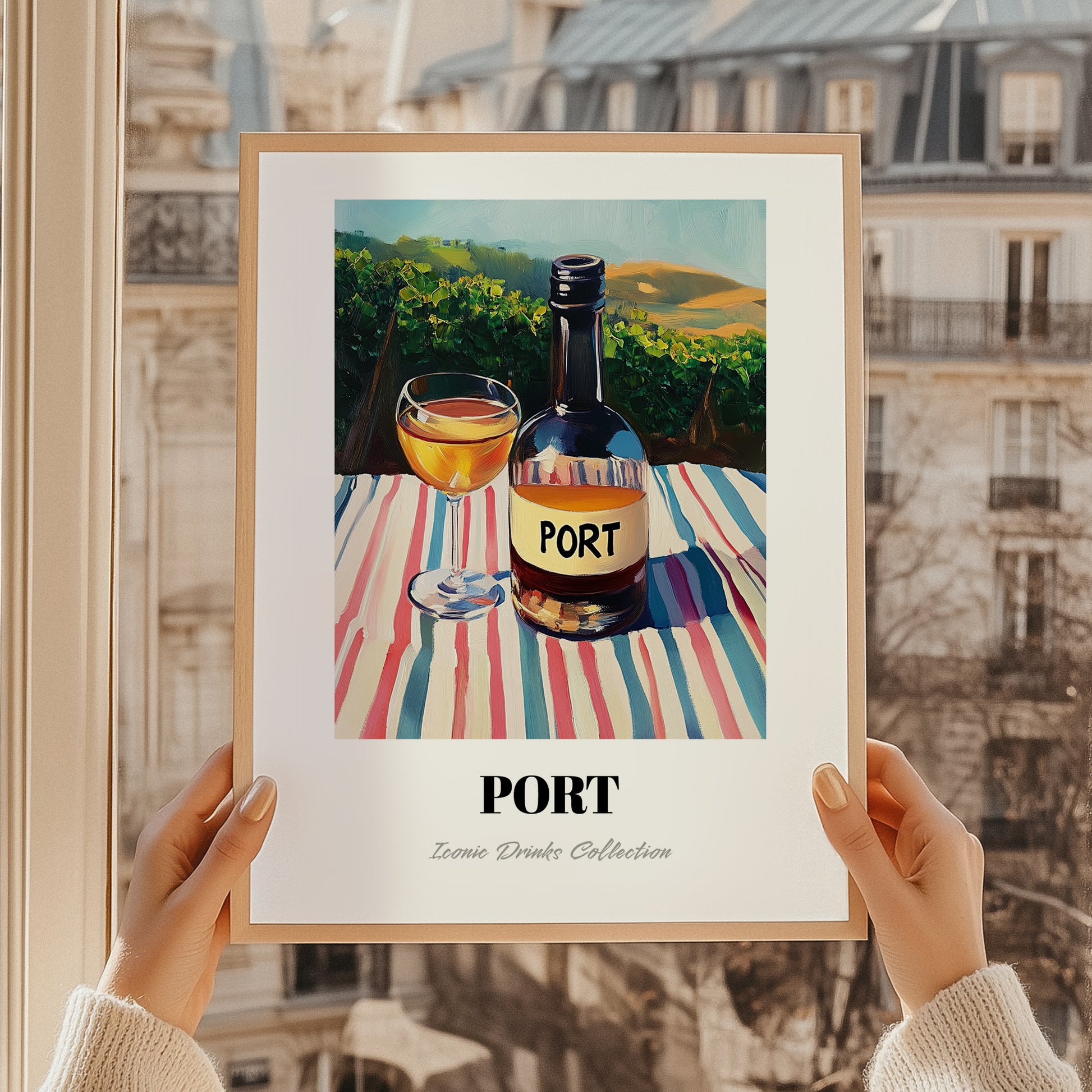 Port – Portuguese Hilltop Café Scene, Portuguese Dessert Wine Painting, styled in a charming Paris street view