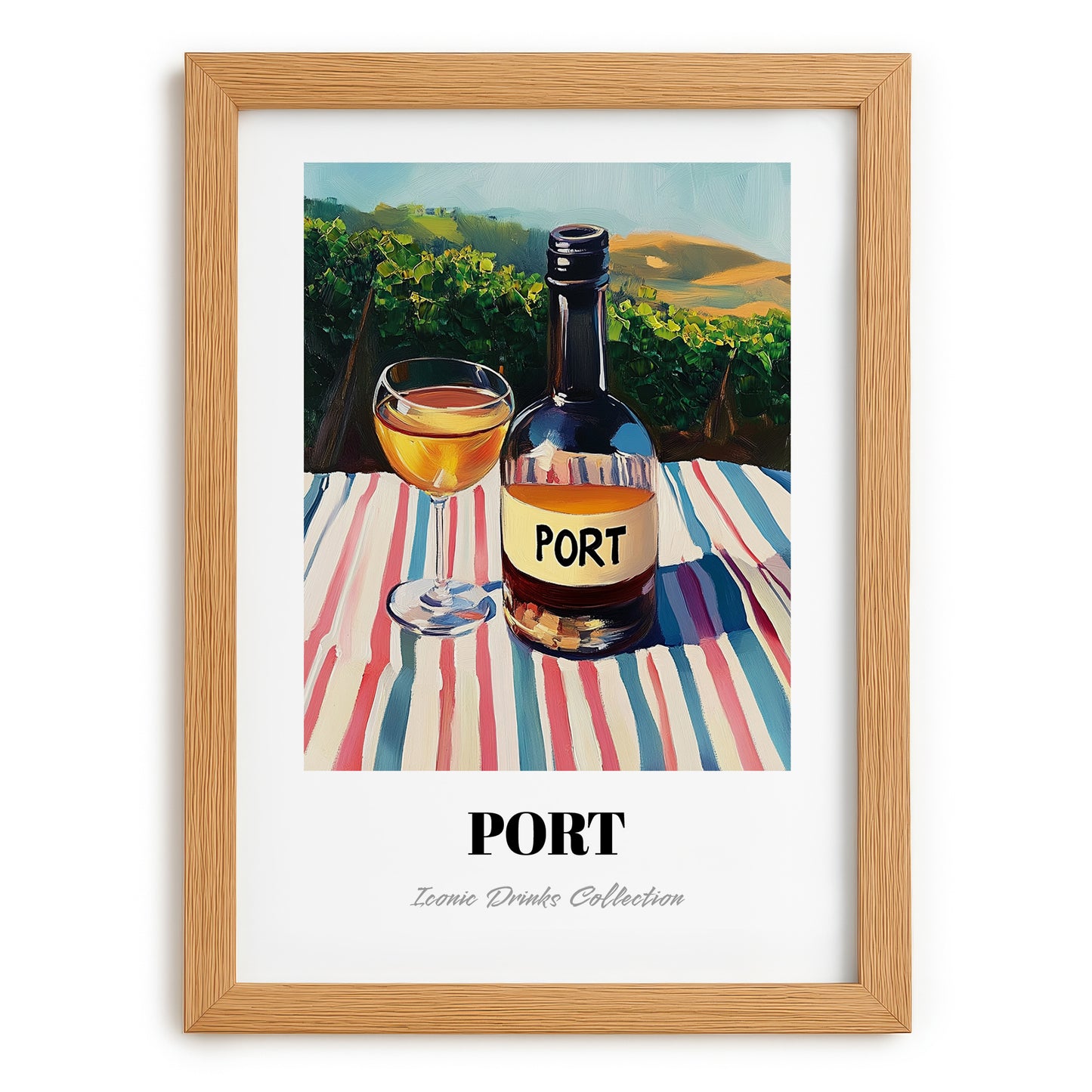 Port – Portuguese Hilltop Café Scene, Portuguese Dessert Wine Painting, set in oak frame