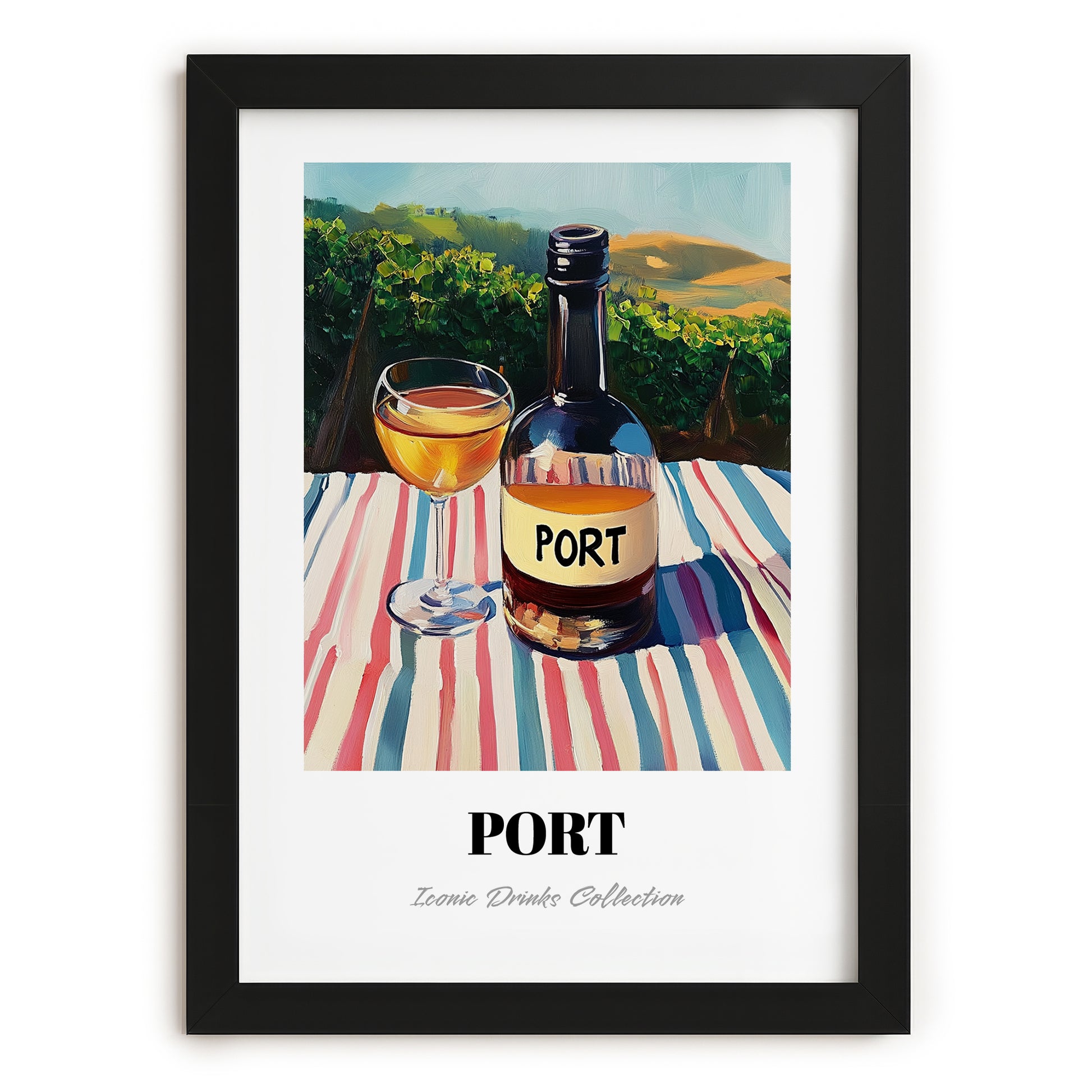 Port – Portuguese Hilltop Café Scene, Portuguese Dessert Wine Painting, in sleek black frame