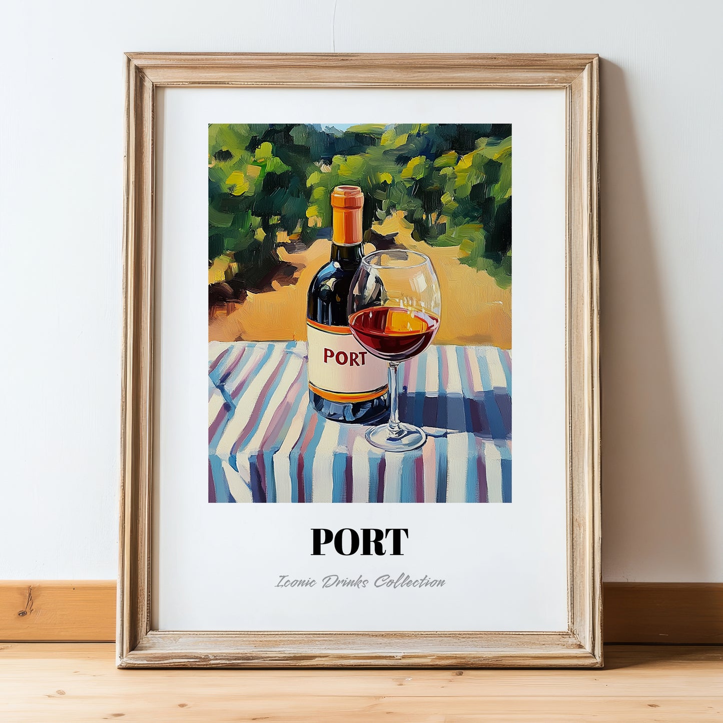 Port – Portuguese Hillside Café View, Portuguese Dessert Wine Wall Art, in wooden frame leaning on the floor
