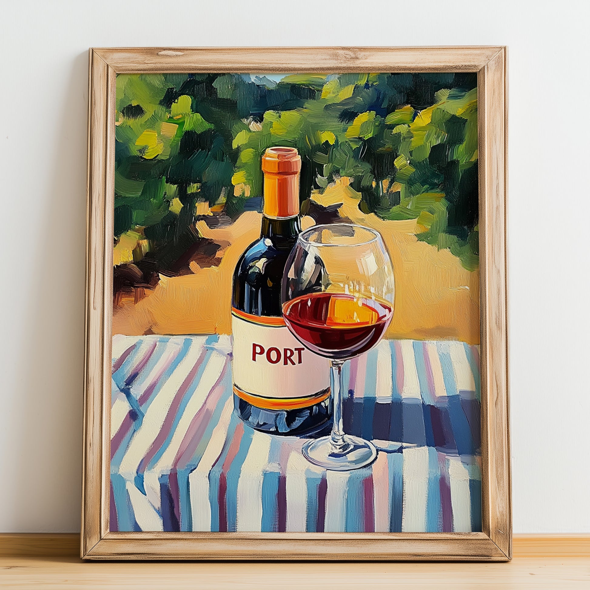 Port – Portuguese Hillside Café View, Portuguese Dessert Wine Wall Art, no-text version framed in wood