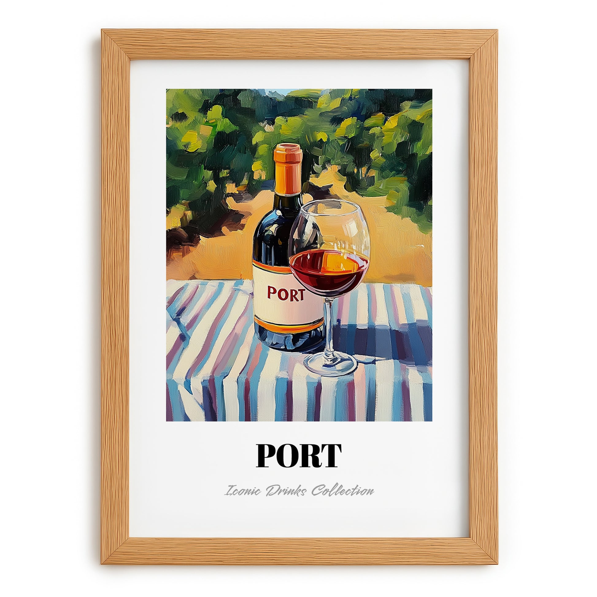 Port – Portuguese Hillside Café View, Portuguese Dessert Wine Wall Art, set in oak frame
